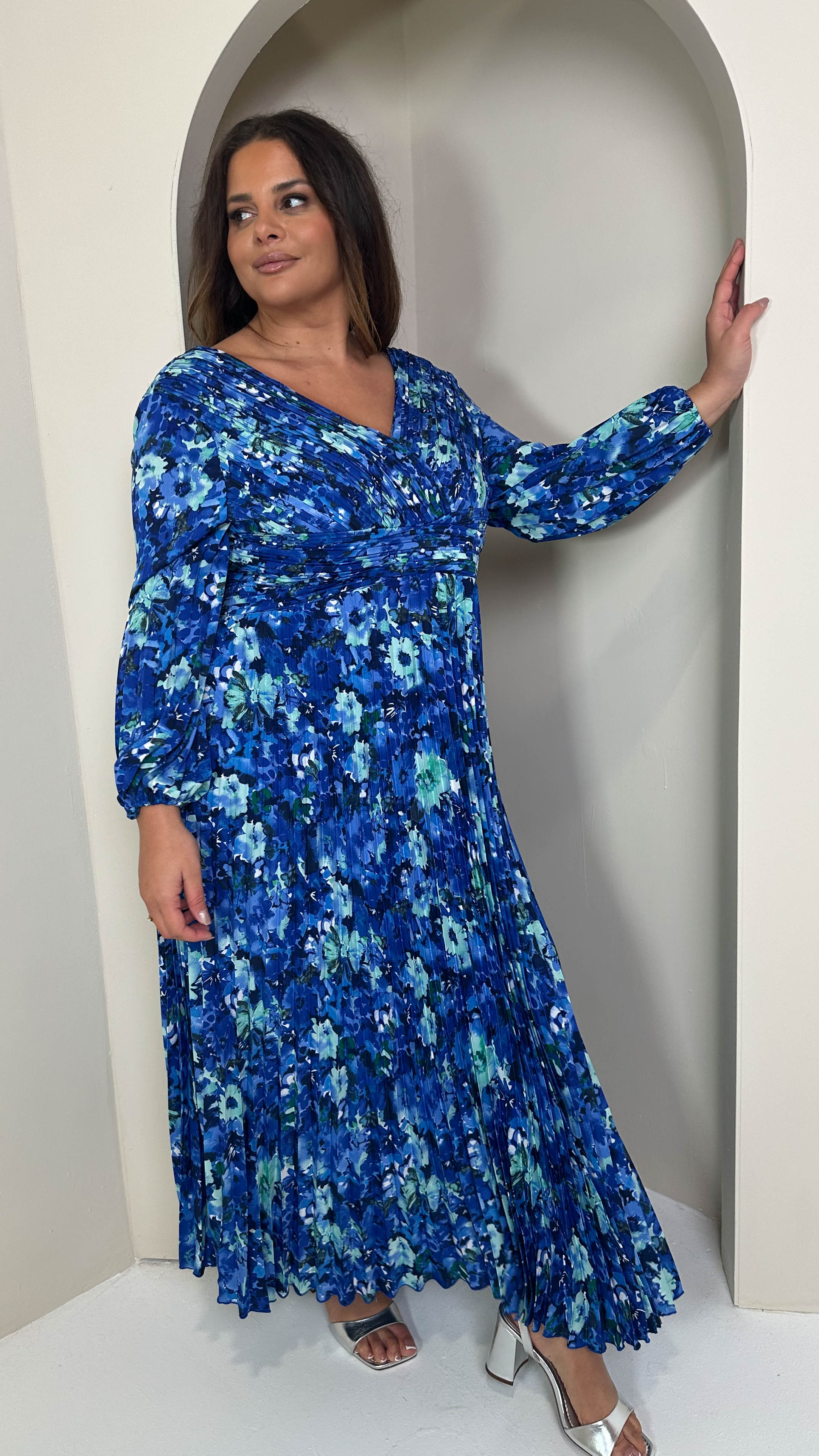 CurveWow Pleated Wrap Maxi Dress Blue Floral