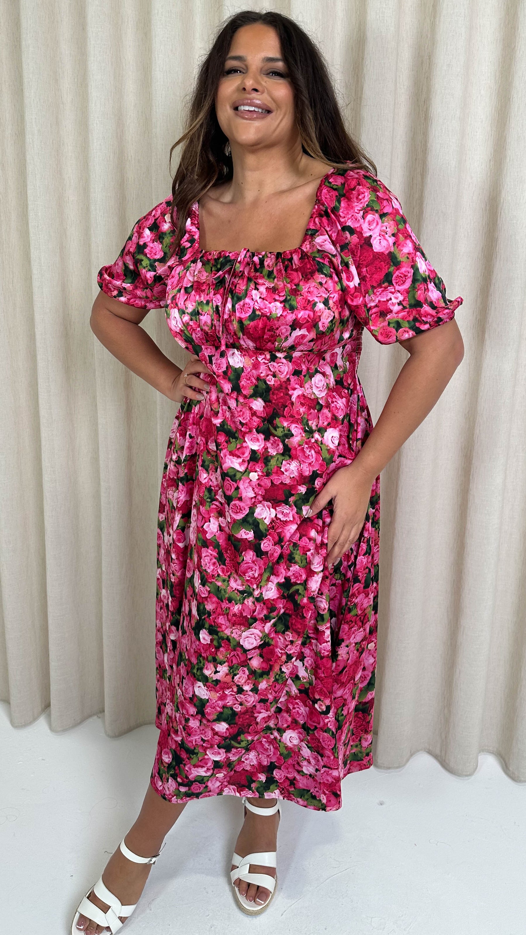 CurveWow Floral Milkmaid Dress Pink Floral – Curvewow CurveWow Floral Milkmaid Dress Pink Floral – Curvewow