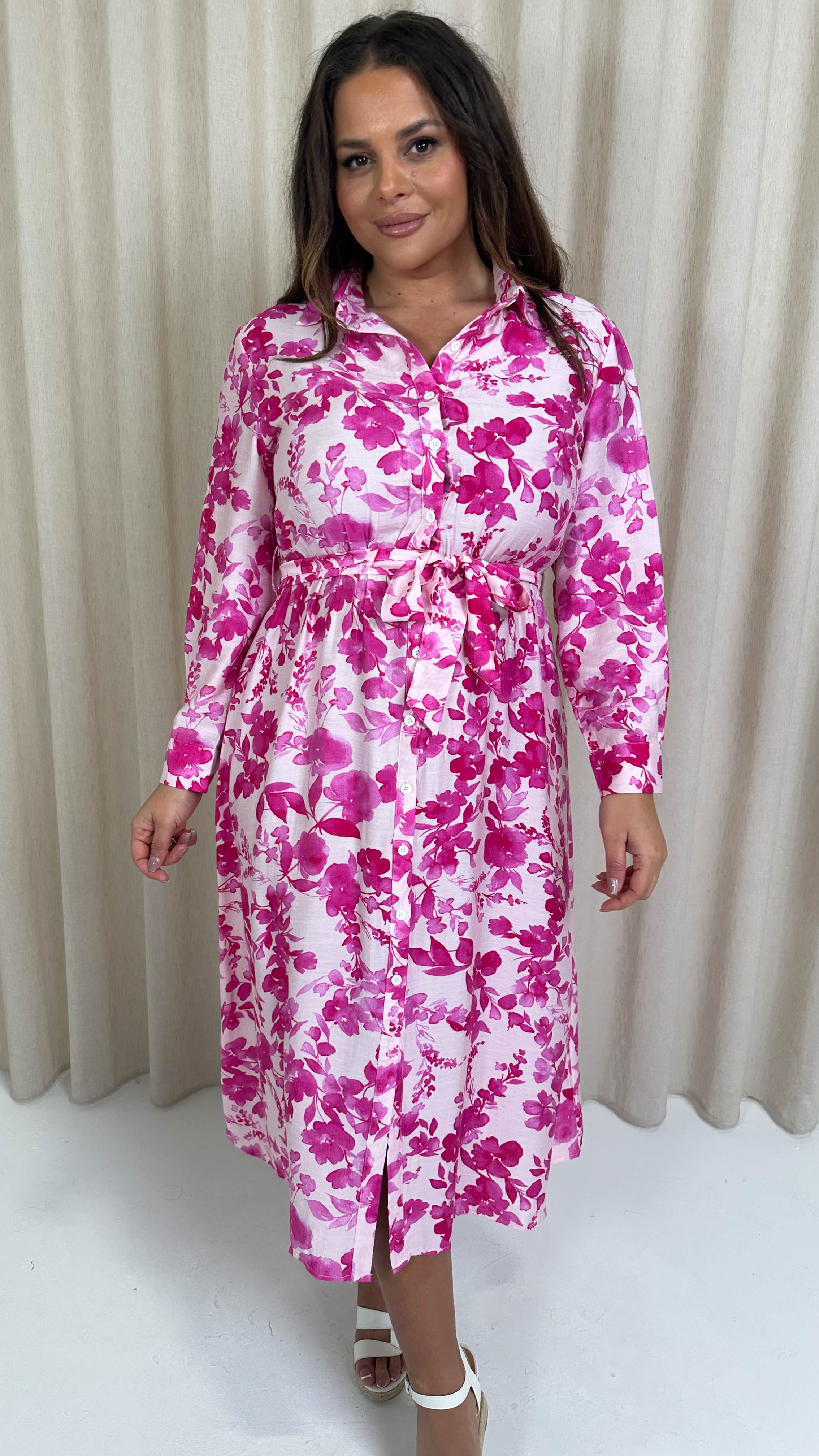 CurveWow Printed Shirt Midaxi Dress Pink Floral