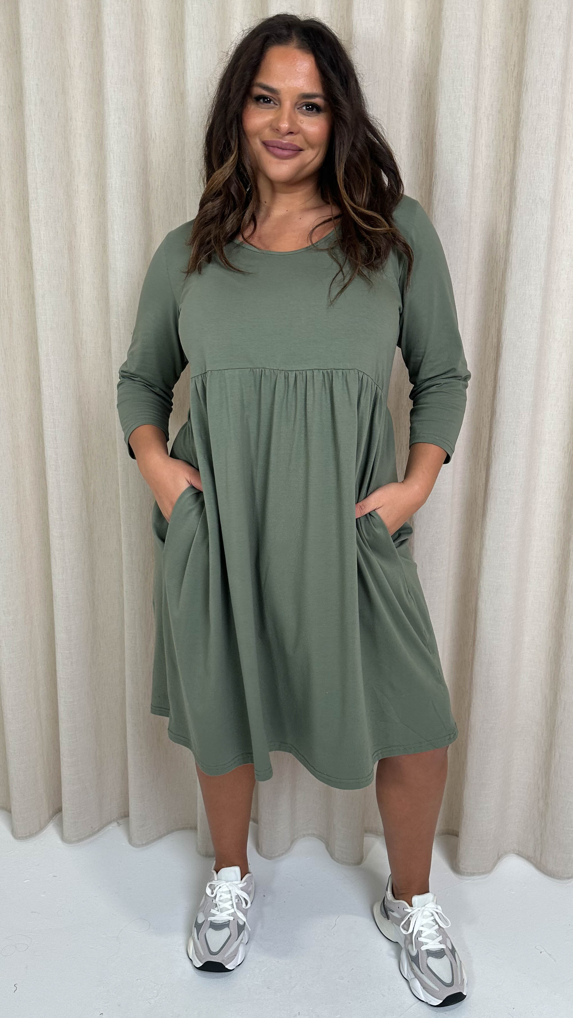CurveWow Pocket Smock Dress Khaki