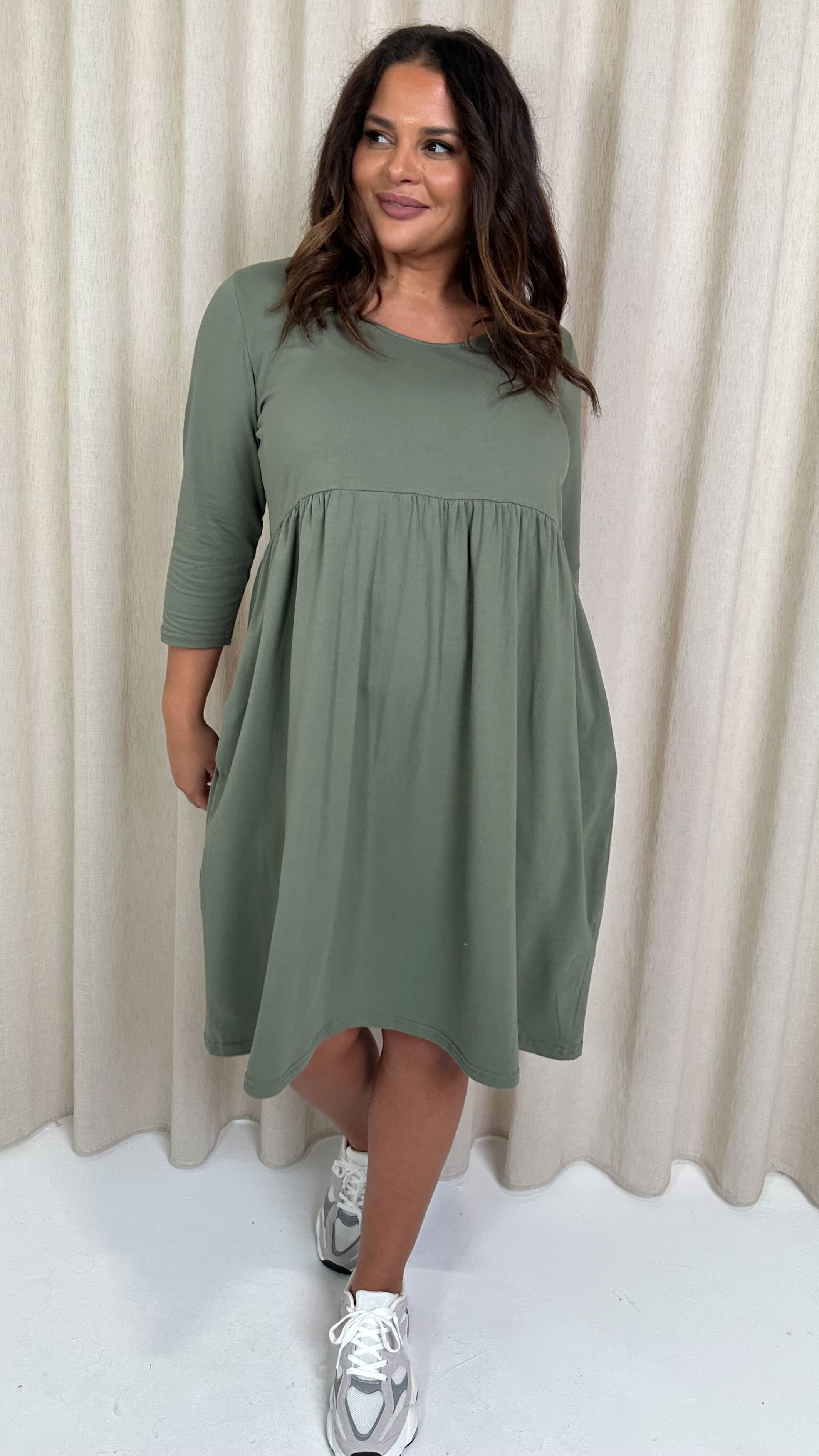 CurveWow Pocket Smock Dress Khaki