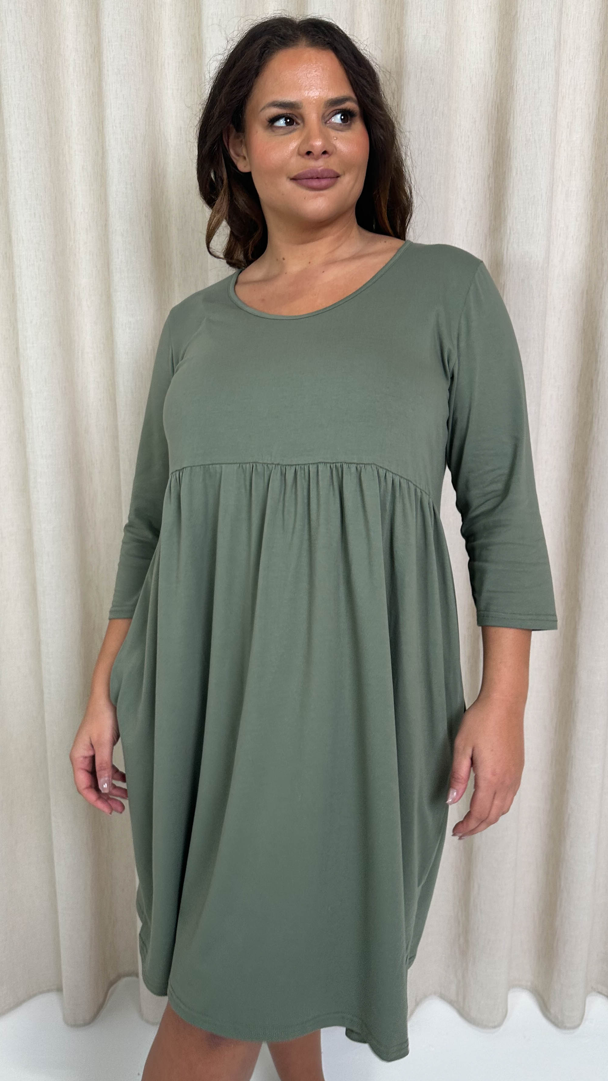 CurveWow Pocket Smock Dress Khaki