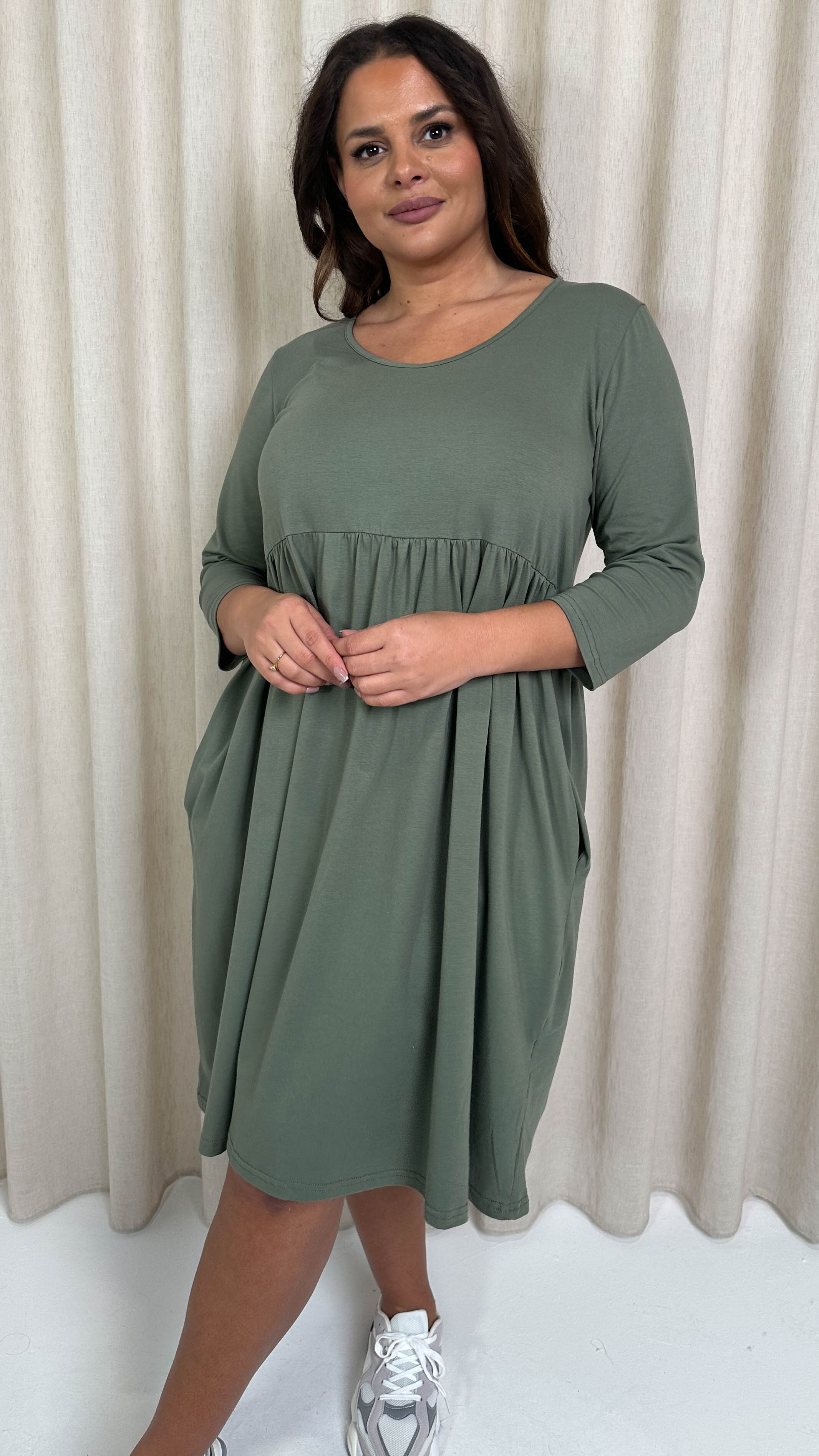 CurveWow Pocket Smock Dress Khaki