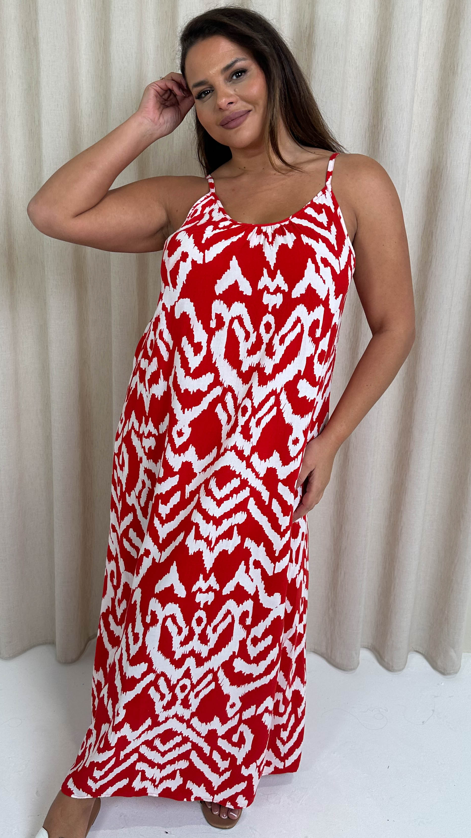 red aztec dress Red Aztec Sleeveless Maxi Dress Cynthia Elliot Boutique