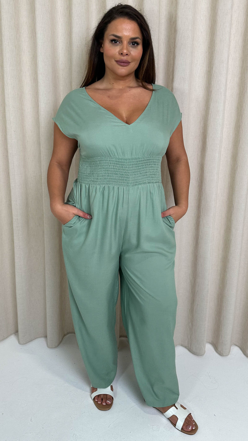 CurveWow Shirred Vneck Jumpsuit Green