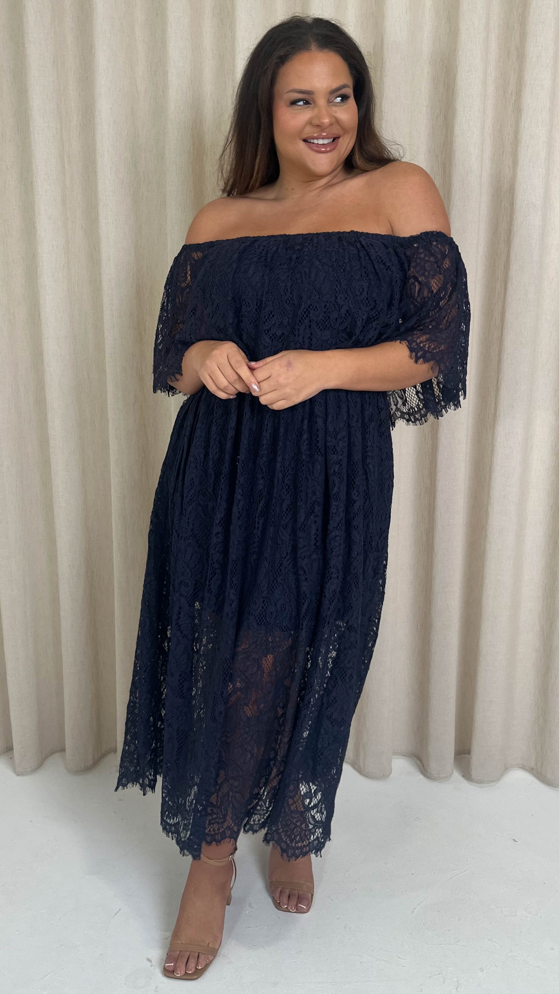 CurveWow Lace Bardot Maxi Dress Navy Curvewow CurveWow Lace Bardot Maxi Dress Navy Curvewow