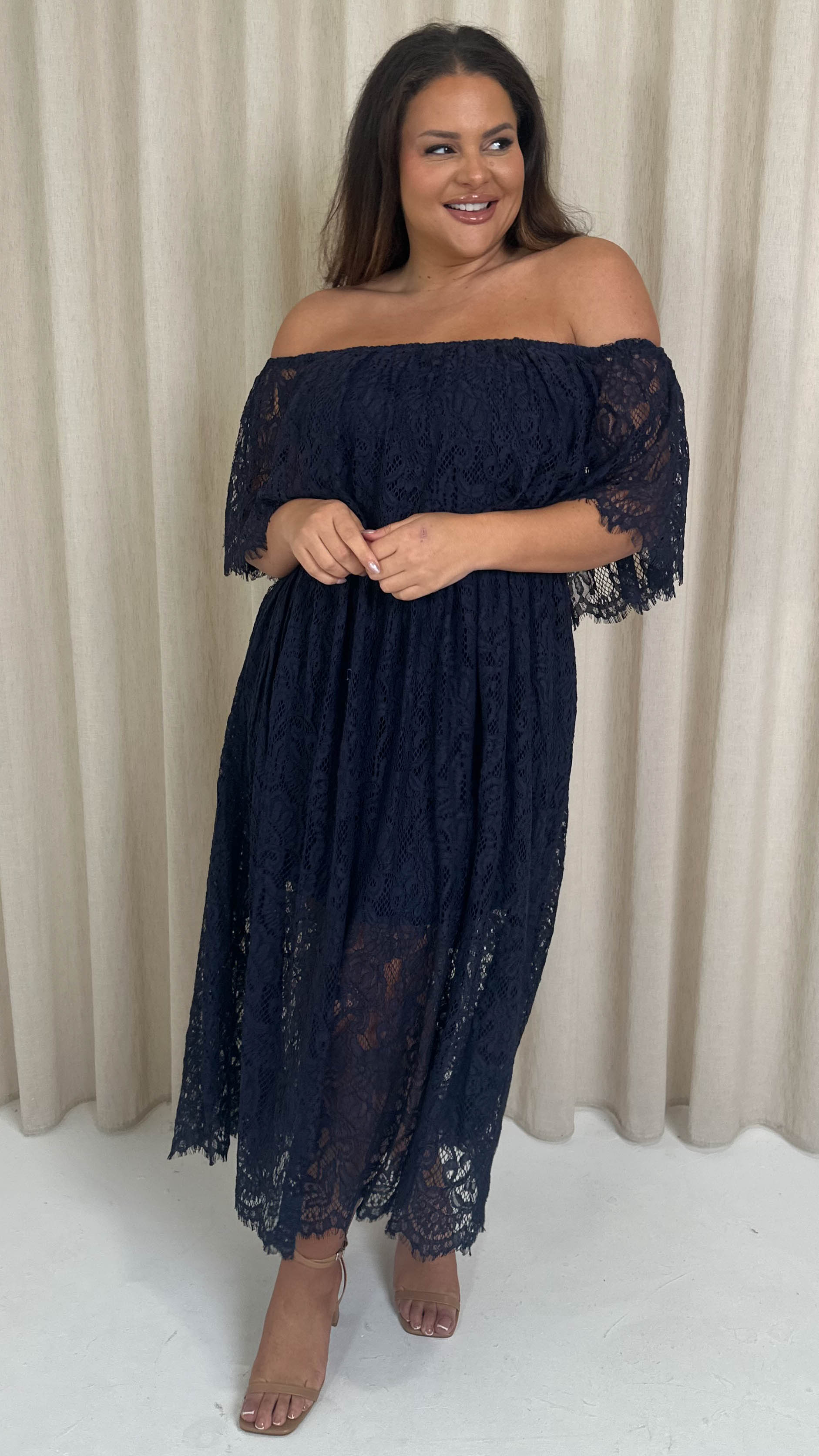 CurveWow Lace Bardot Maxi Dress Navy Curvewow CurveWow Lace Bardot Maxi Dress Navy Curvewow