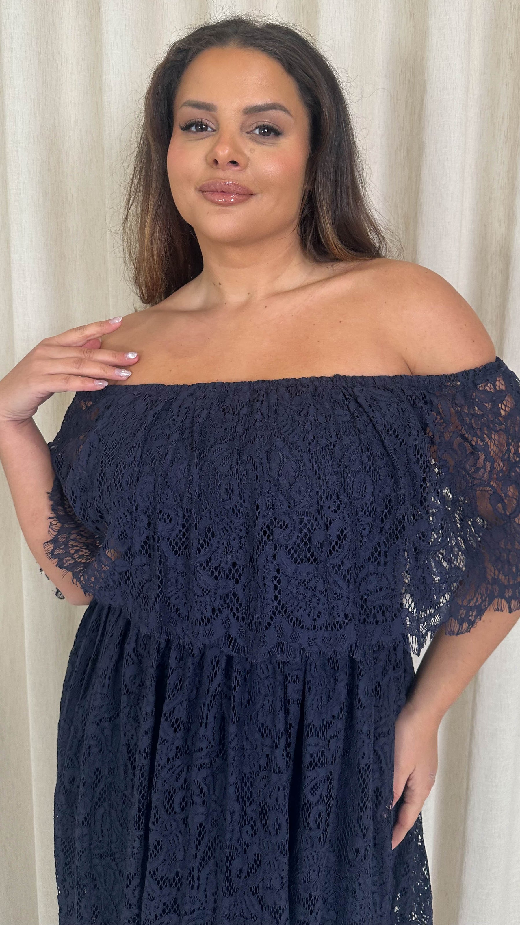 CurveWow Lace Bardot Maxi Dress Navy Curvewow CurveWow Lace Bardot Maxi Dress Navy Curvewow