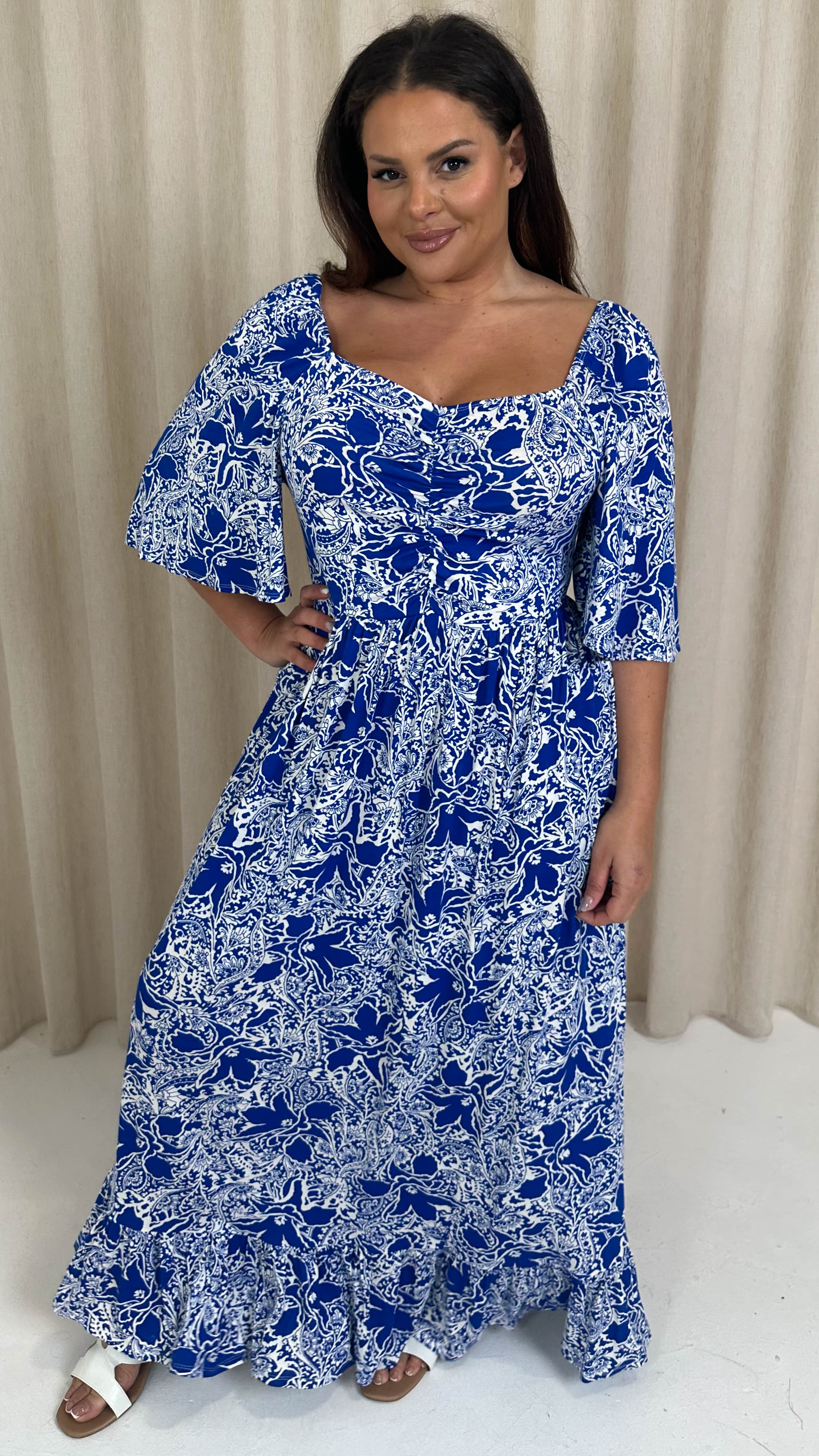 CurveWow Ruched Front Angel Sleeve Maxi Blue/White Floral