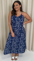 CurveWow Strappy Summer Tea Dress Blue/White Abstract
