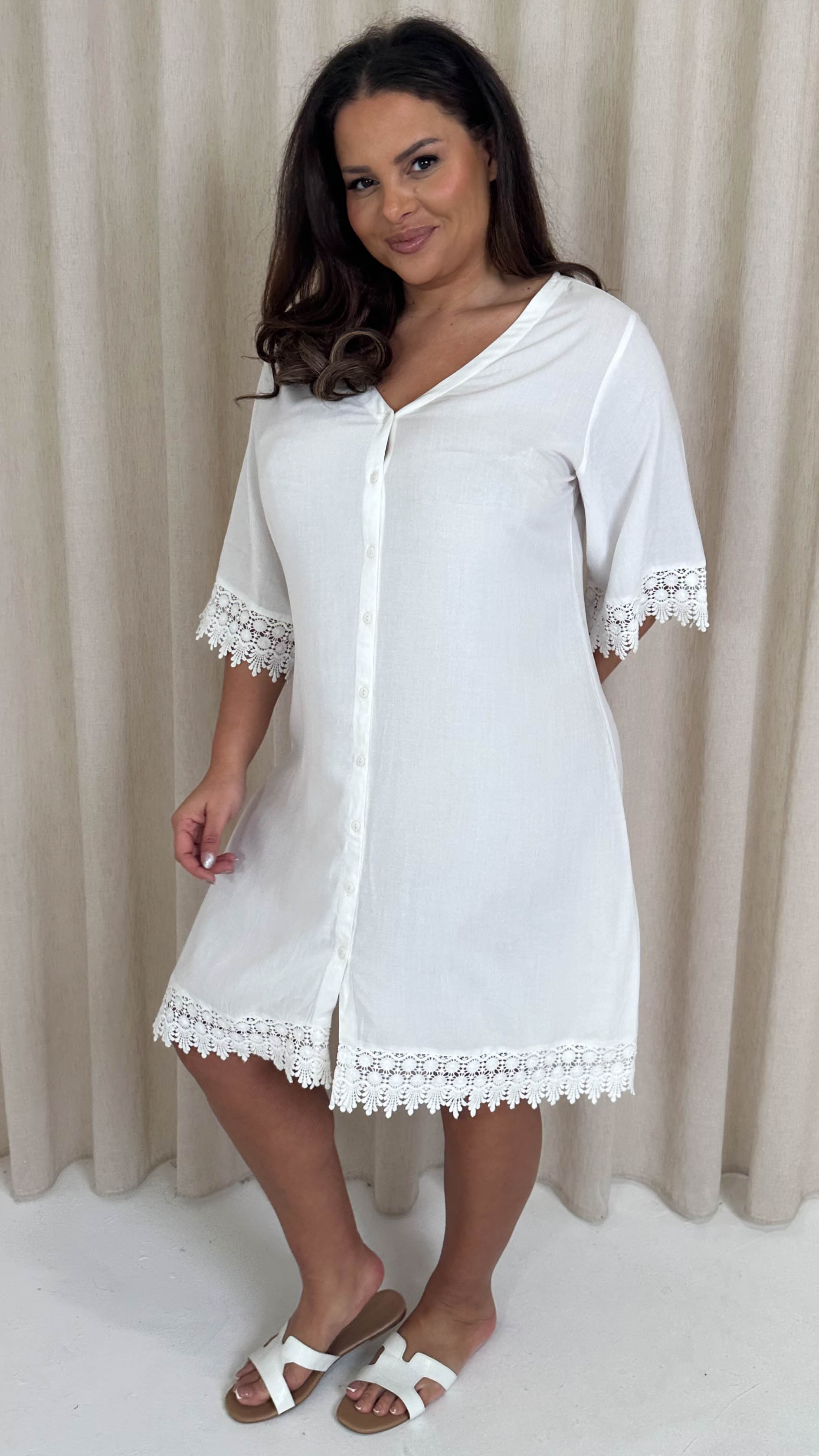 CurveWow Lace Trim Button Front Tunic Dress White