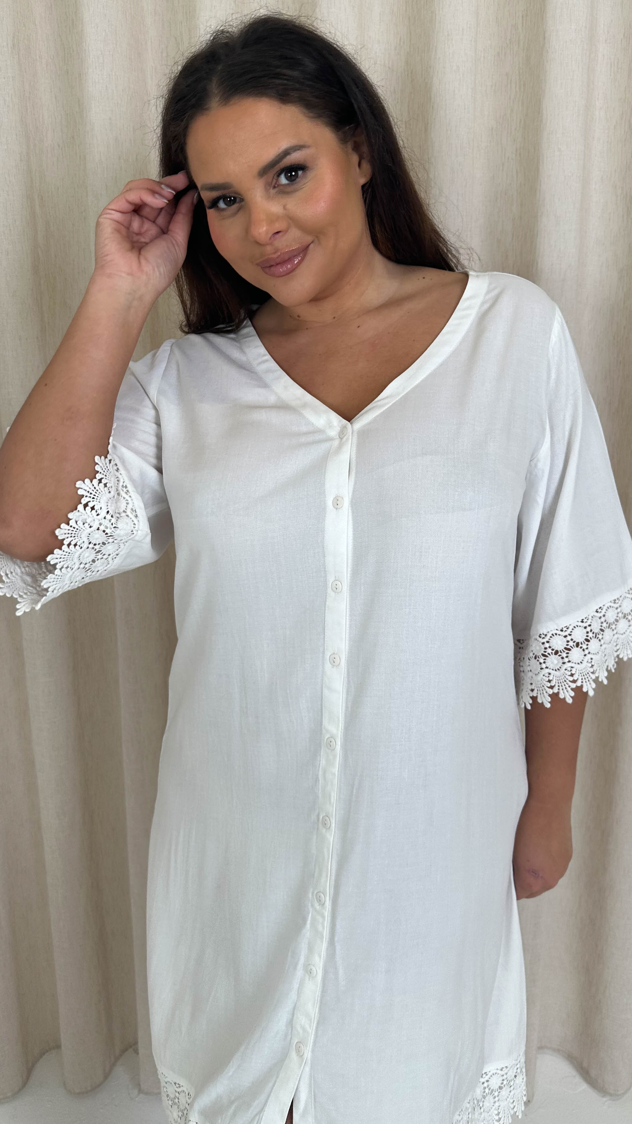 CurveWow Lace Trim Button Front Tunic Dress White