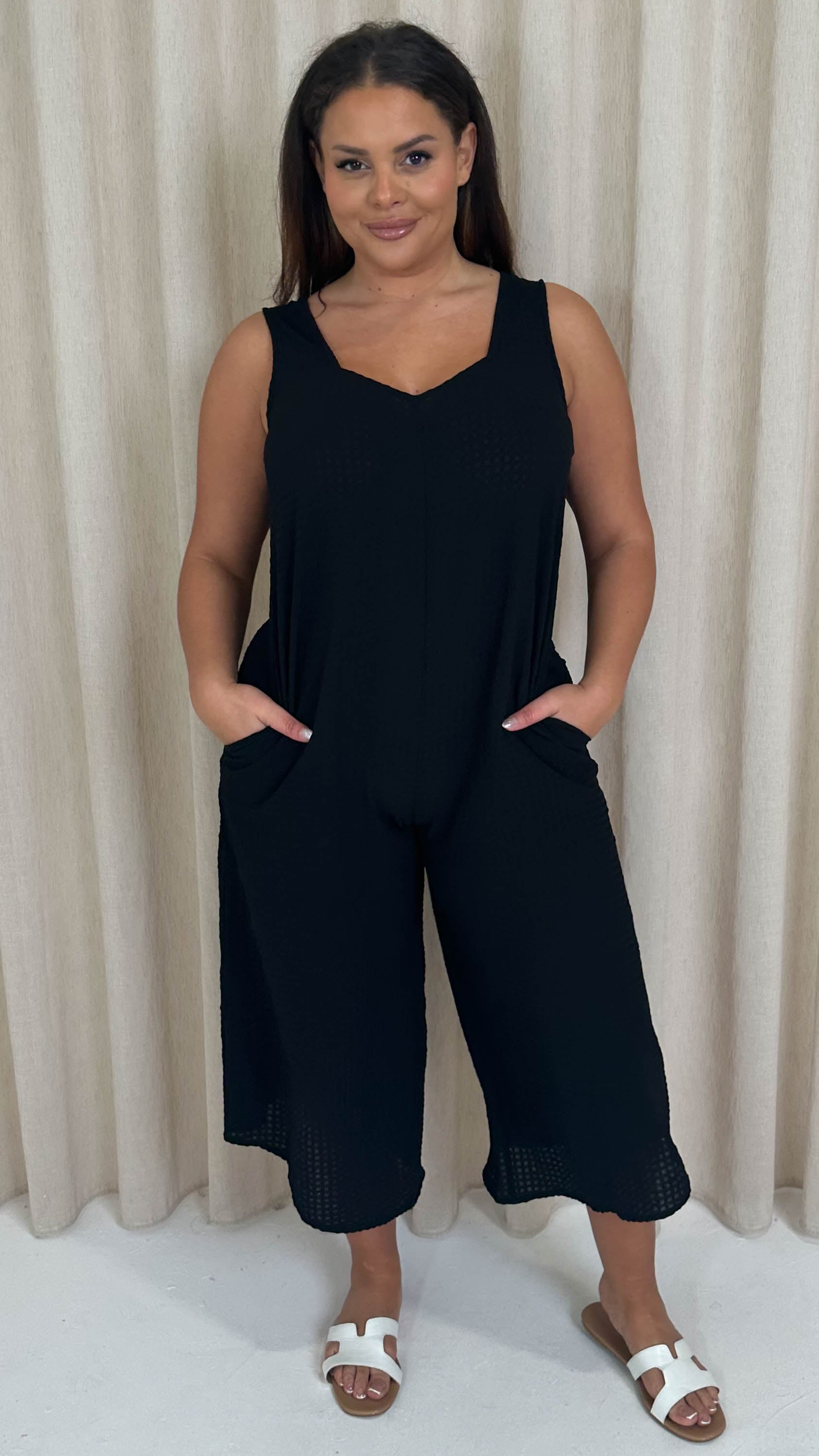 CurveWow Textured Summer Jumpsuit Black