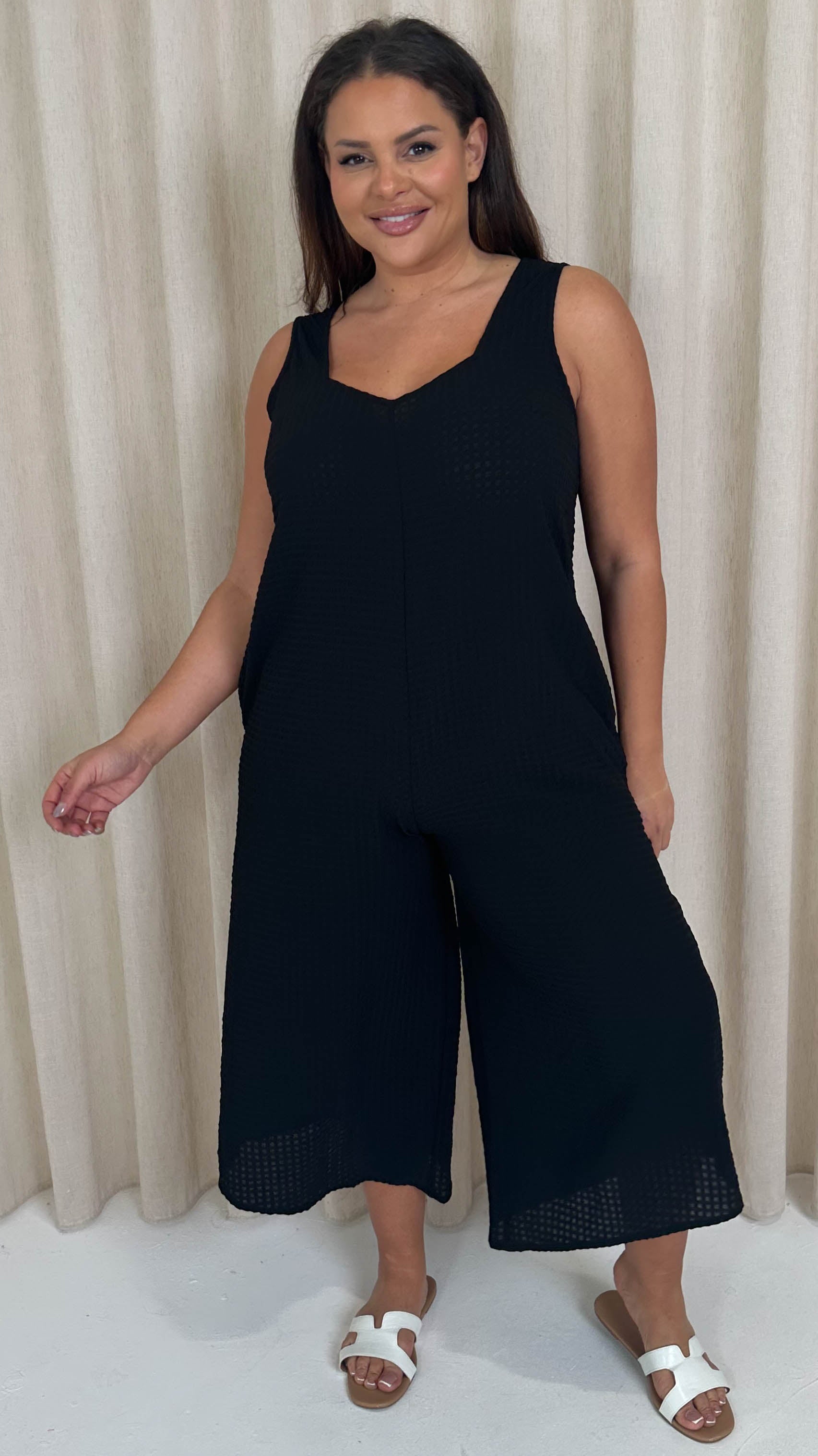 CurveWow Textured Summer Jumpsuit Black