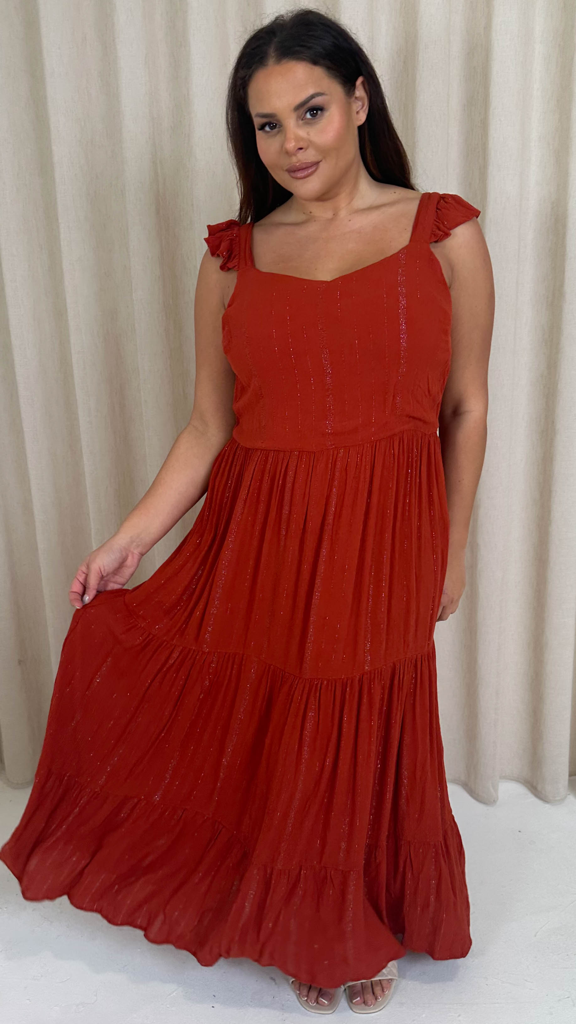 CurveWow Lurex Tiered Bow Back Maxi Dress Rust