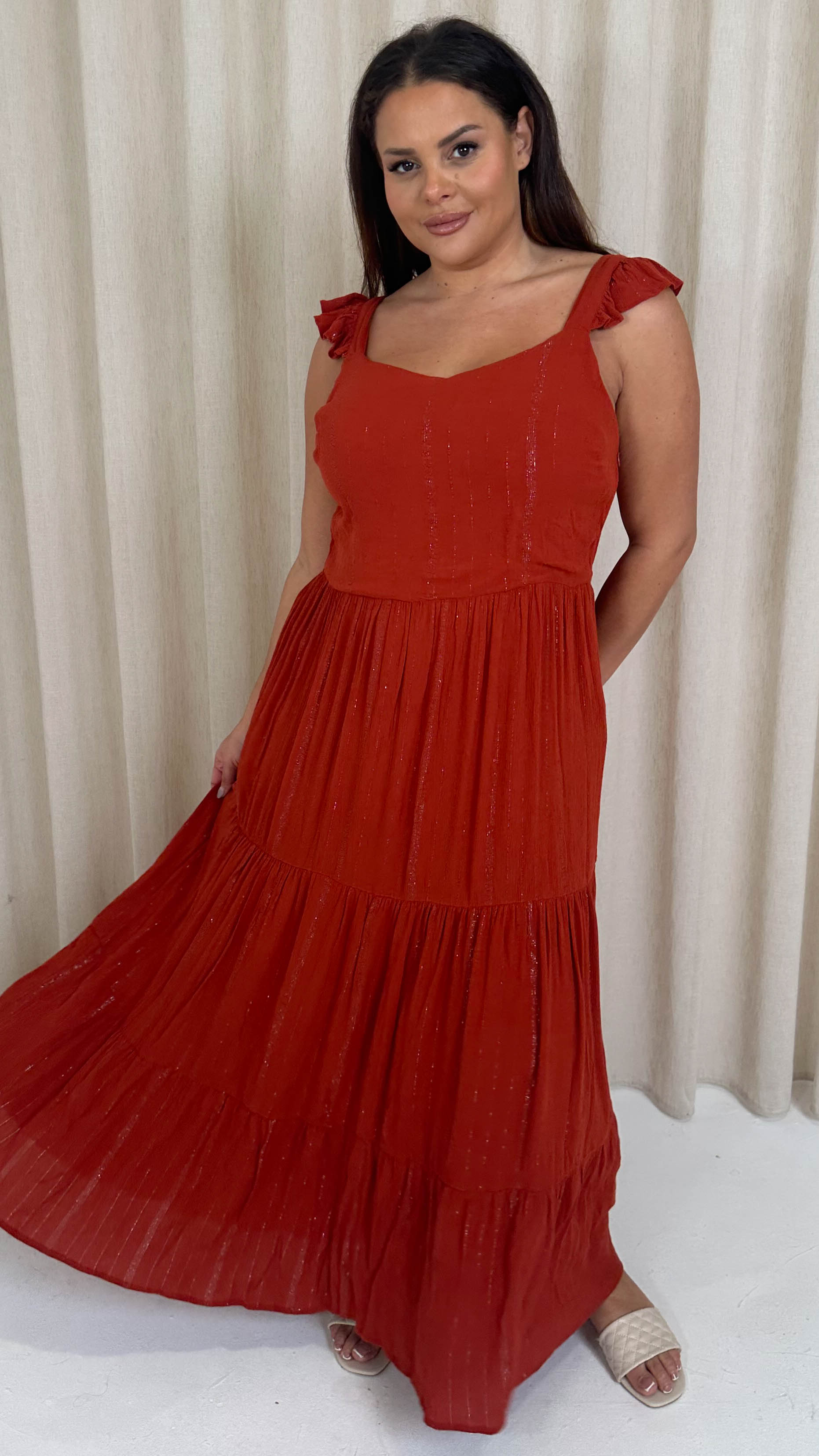 CurveWow Lurex Tiered Bow Back Maxi Dress Rust