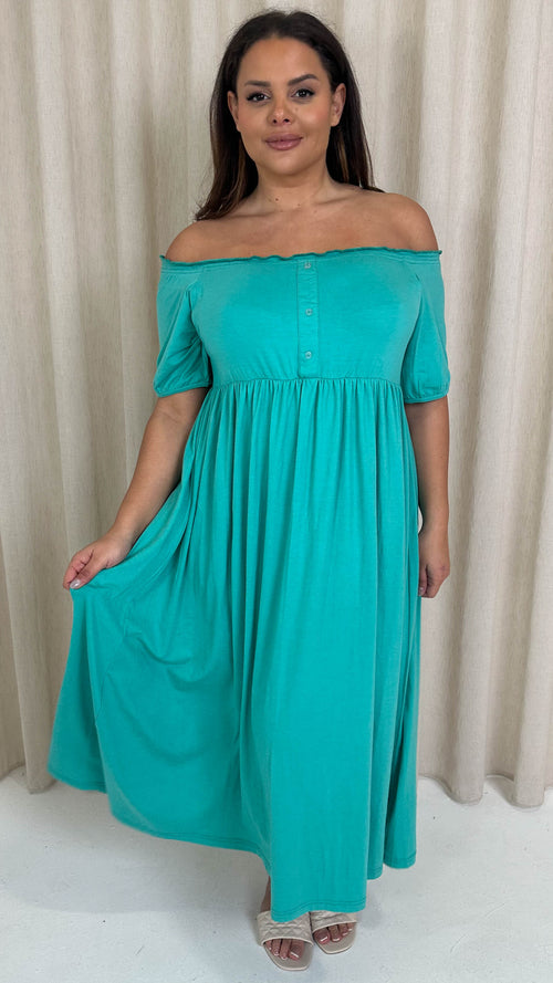 CurveWow Bardot Button Front Dress Atlantis Green