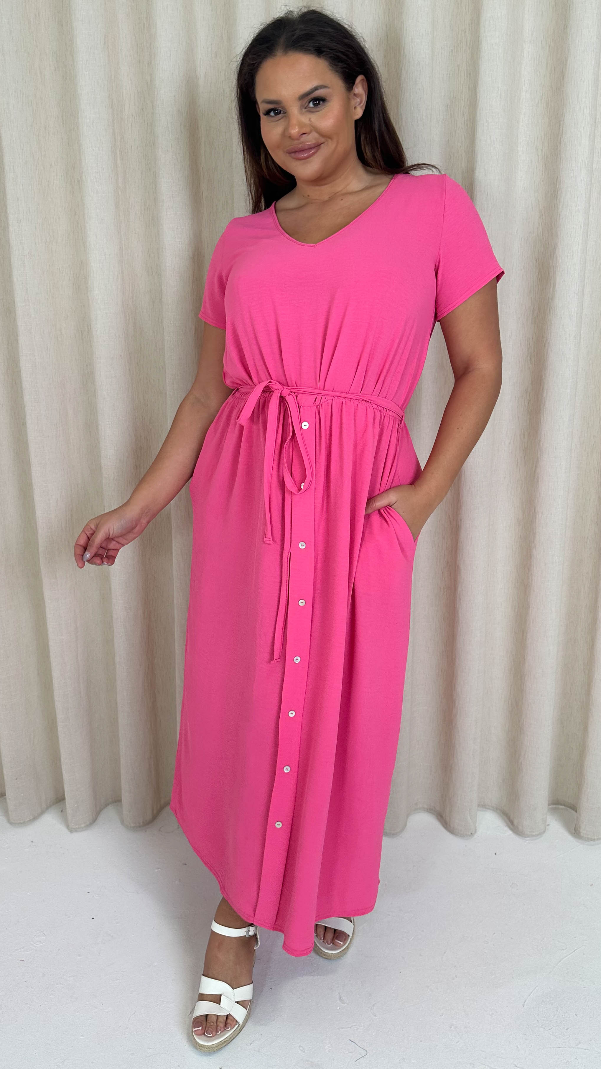 CurveWow Button Front Ocean Crepe Maxi Dress Cerise