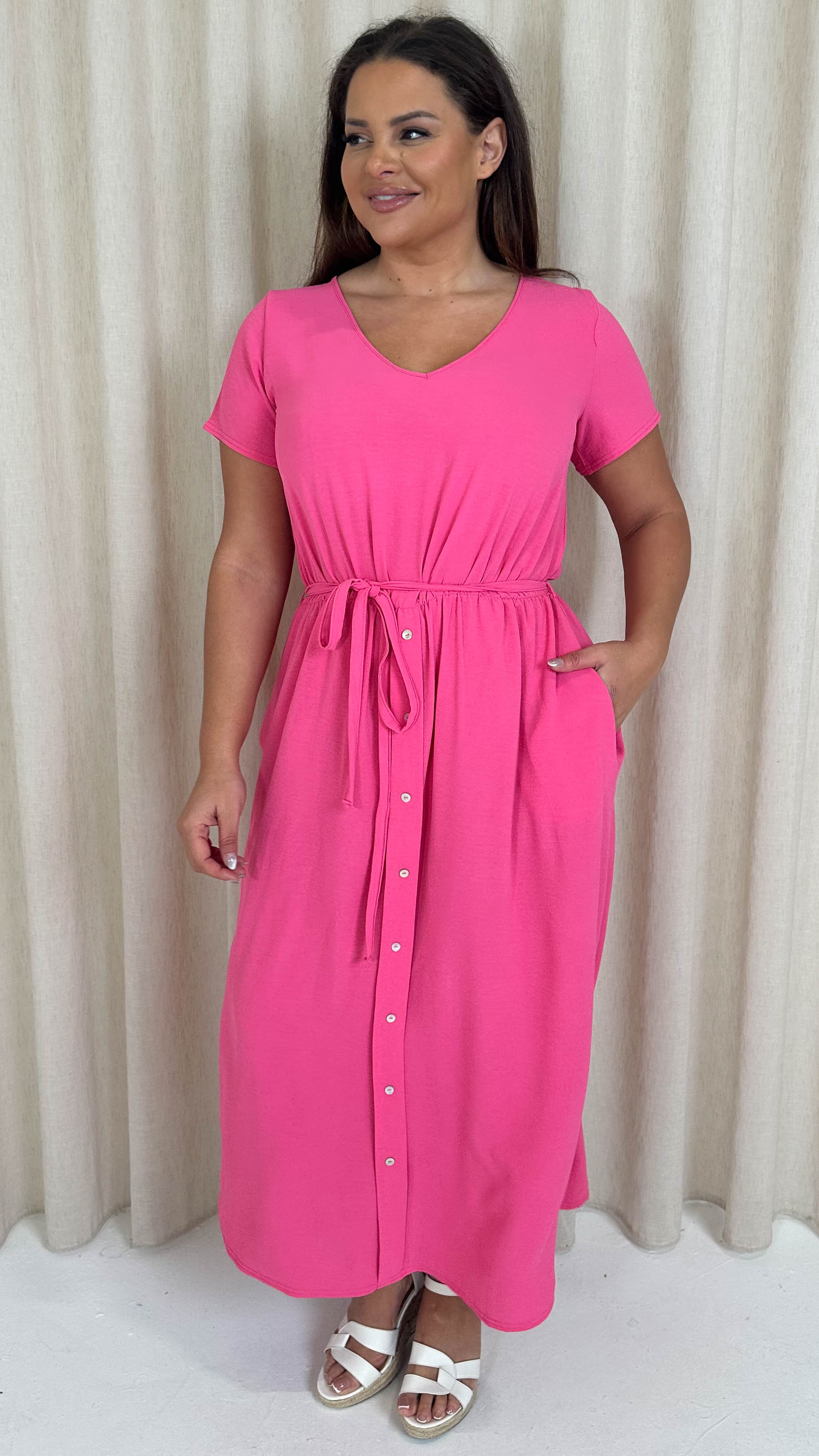 CurveWow Button Front Ocean Crepe Maxi Dress Cerise