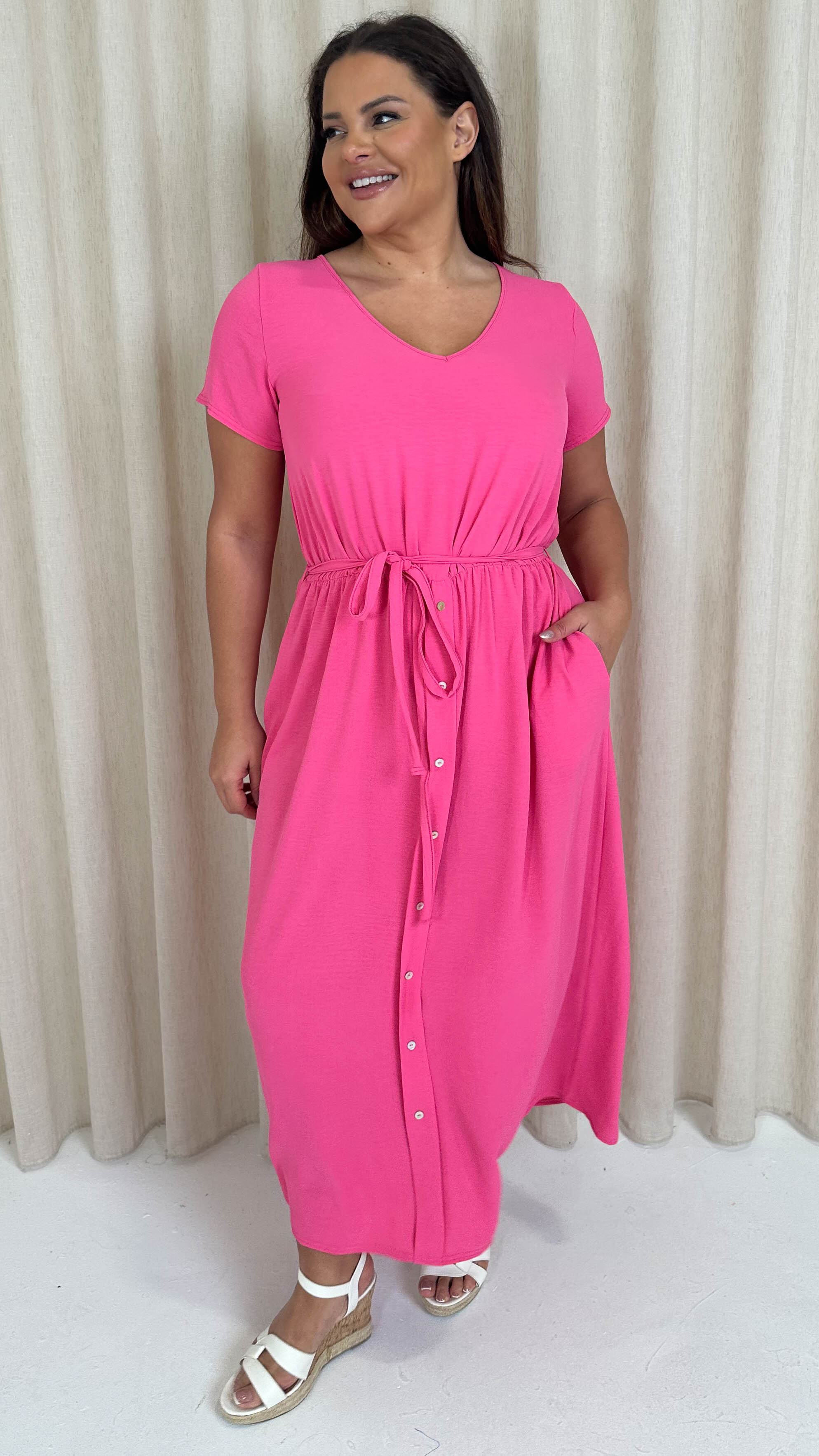 CurveWow Button Front Ocean Crepe Maxi Dress Cerise