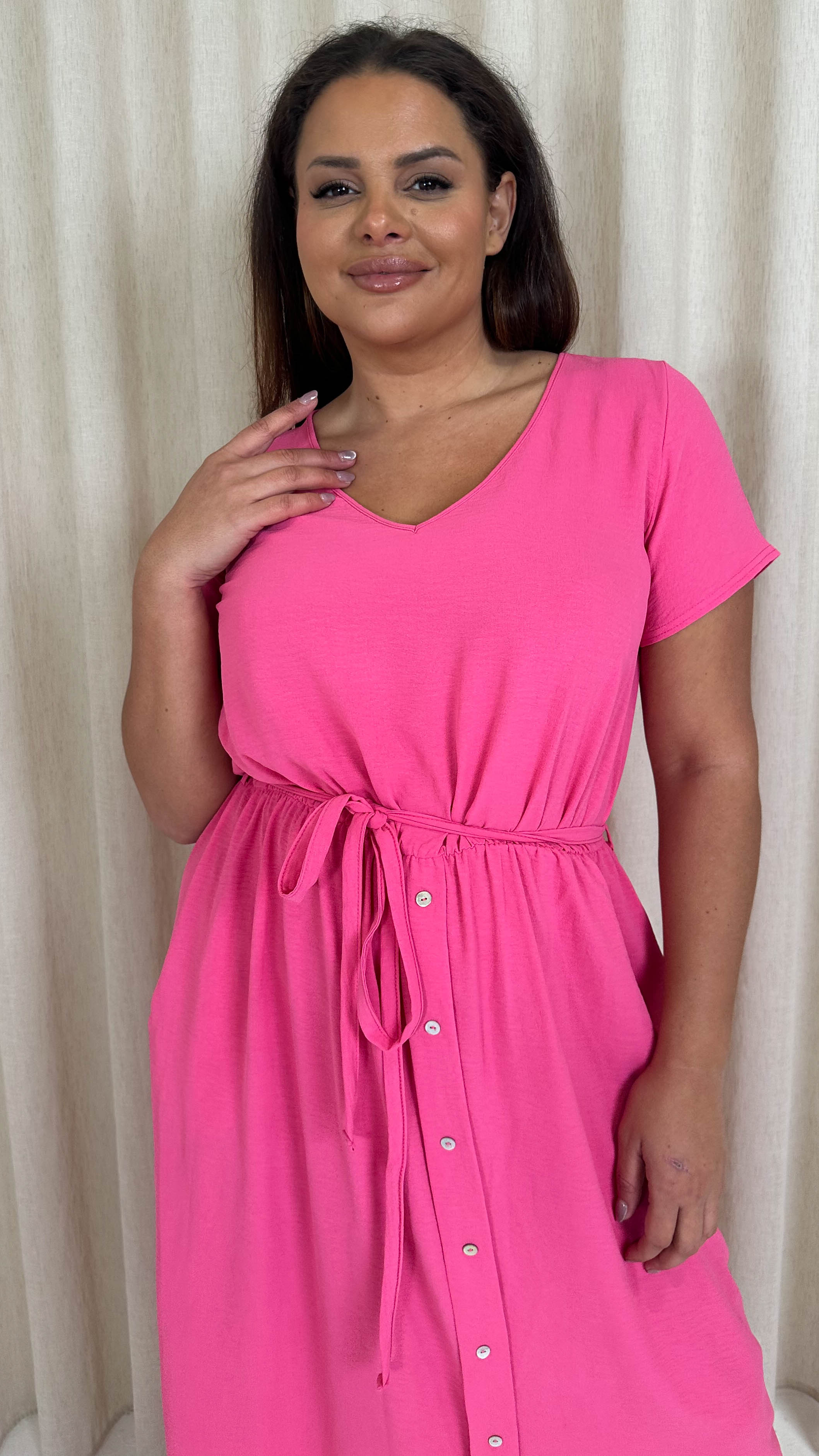 CurveWow Button Front Ocean Crepe Maxi Dress Cerise