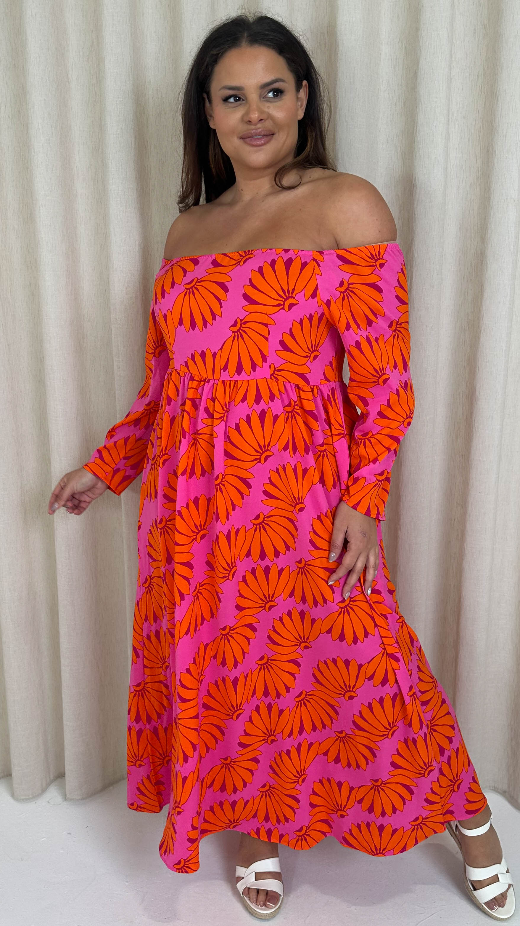 orange bardot dresses Bardot halter neck drop waist maxi dress in melon orange