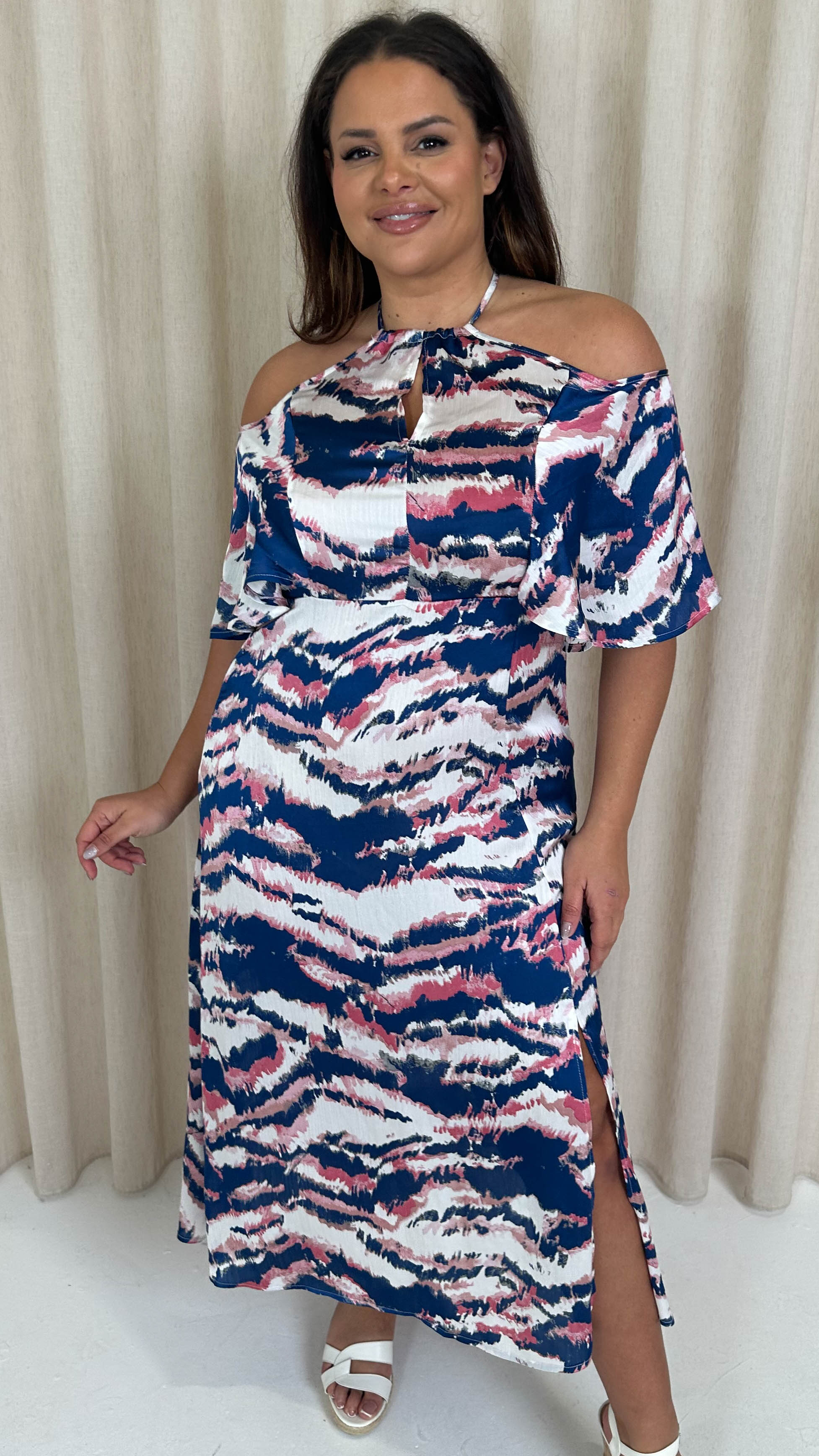 CurveWow Keyhole Cold Shoulder Midi Dress Blurred Print