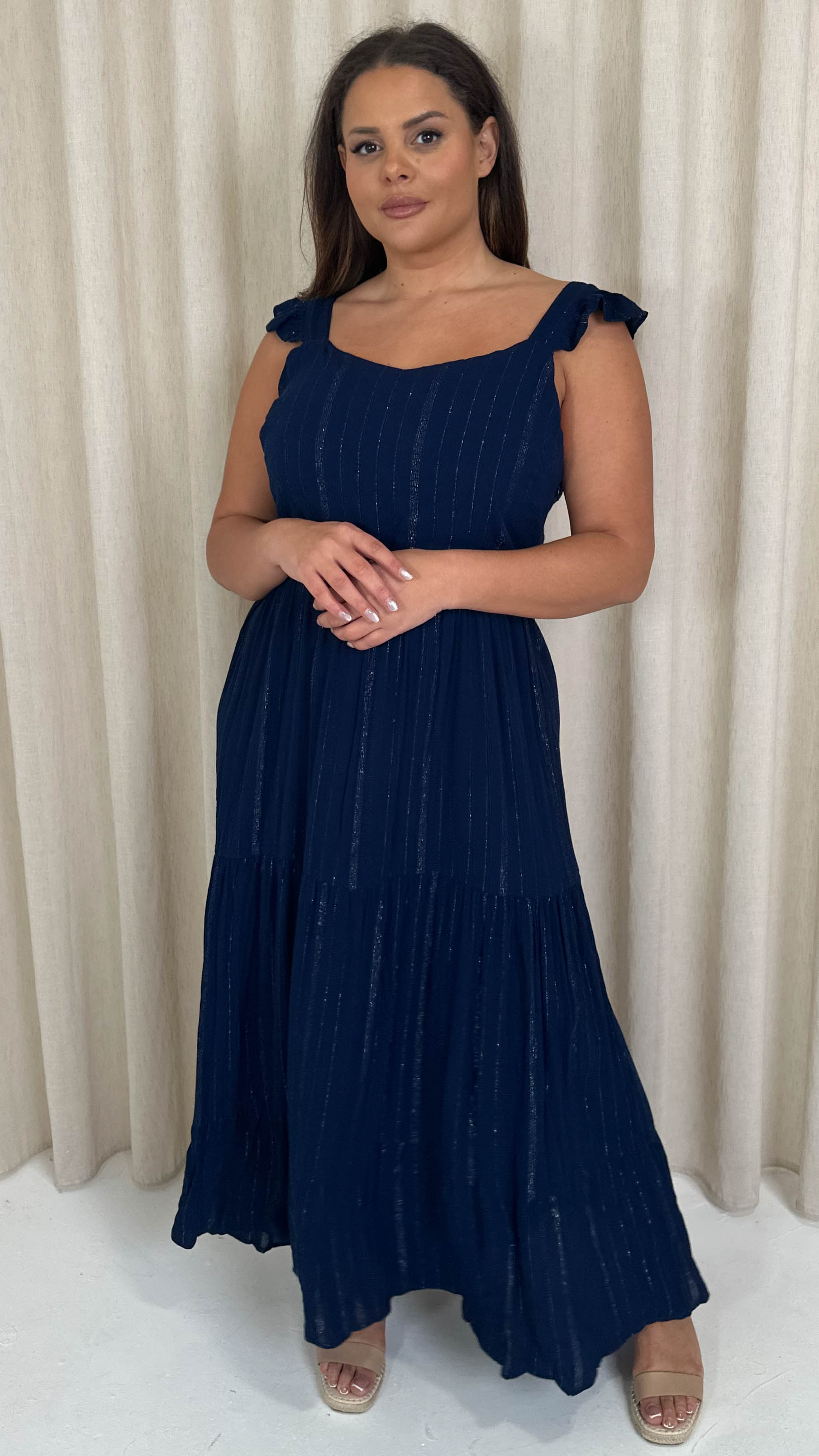 CurveWow Lurex Tiered Bow Back Maxi Dress Navy