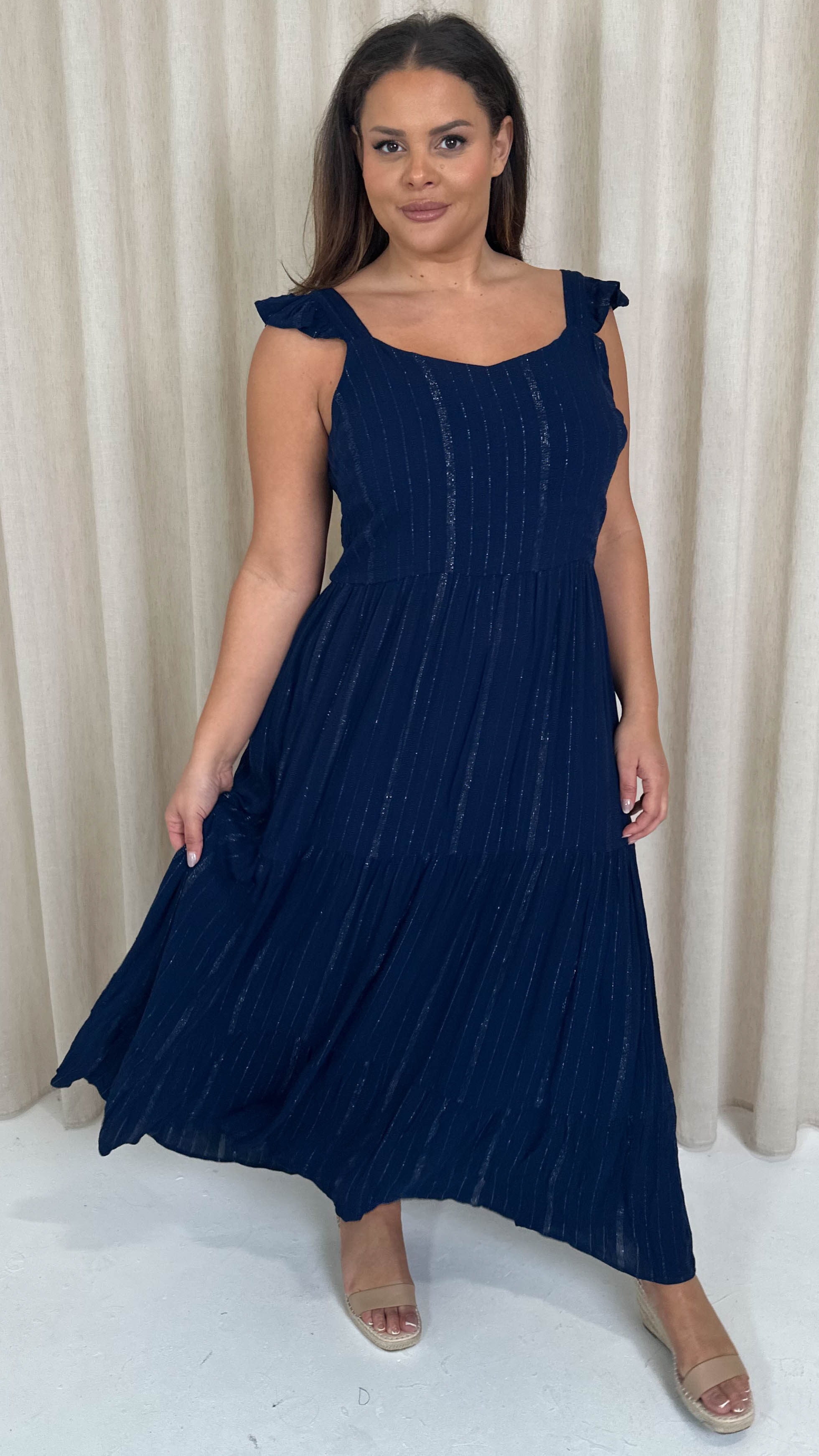 CurveWow Lurex Tiered Bow Back Maxi Dress Navy