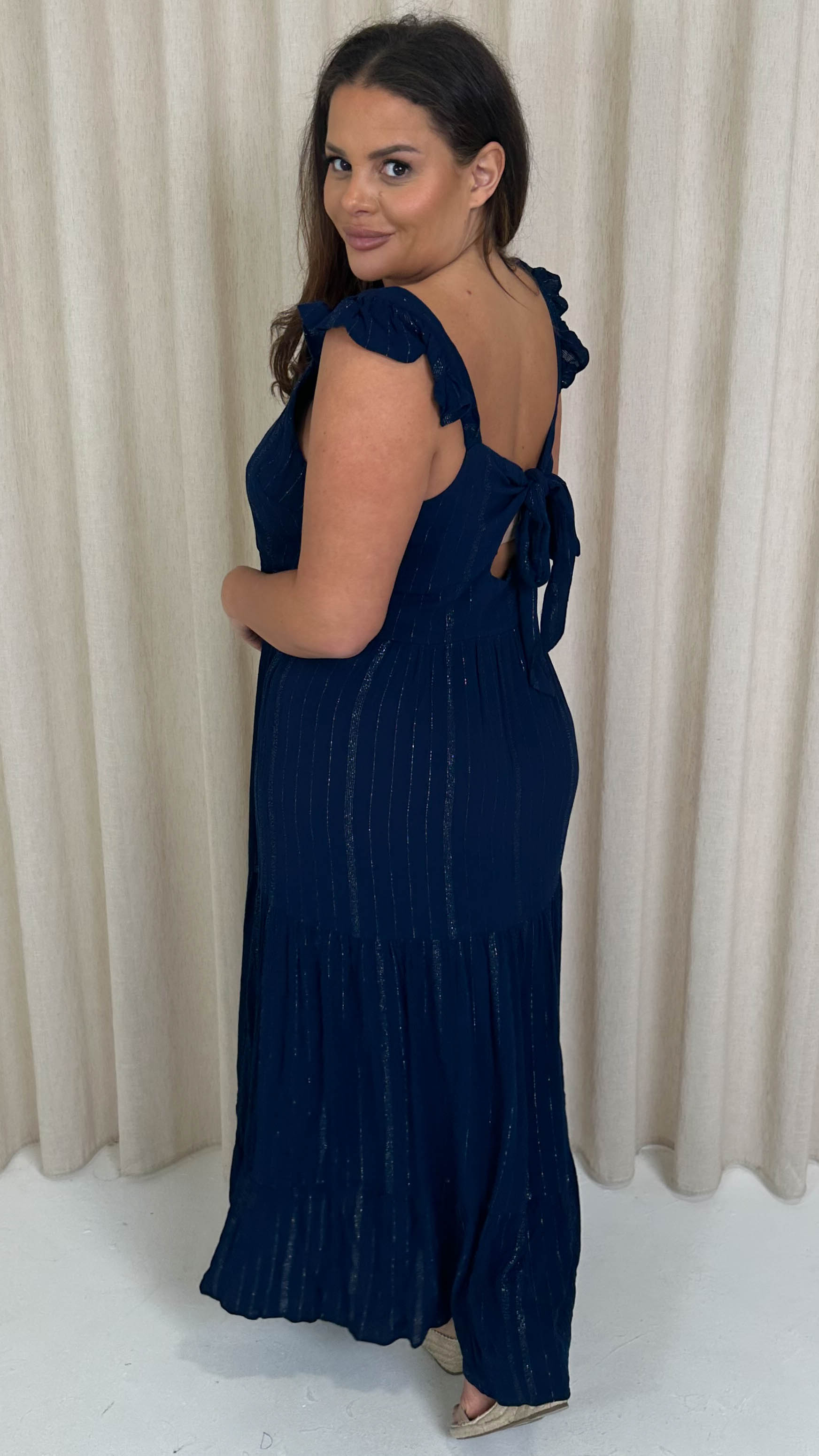 CurveWow Lurex Tiered Bow Back Maxi Dress Navy