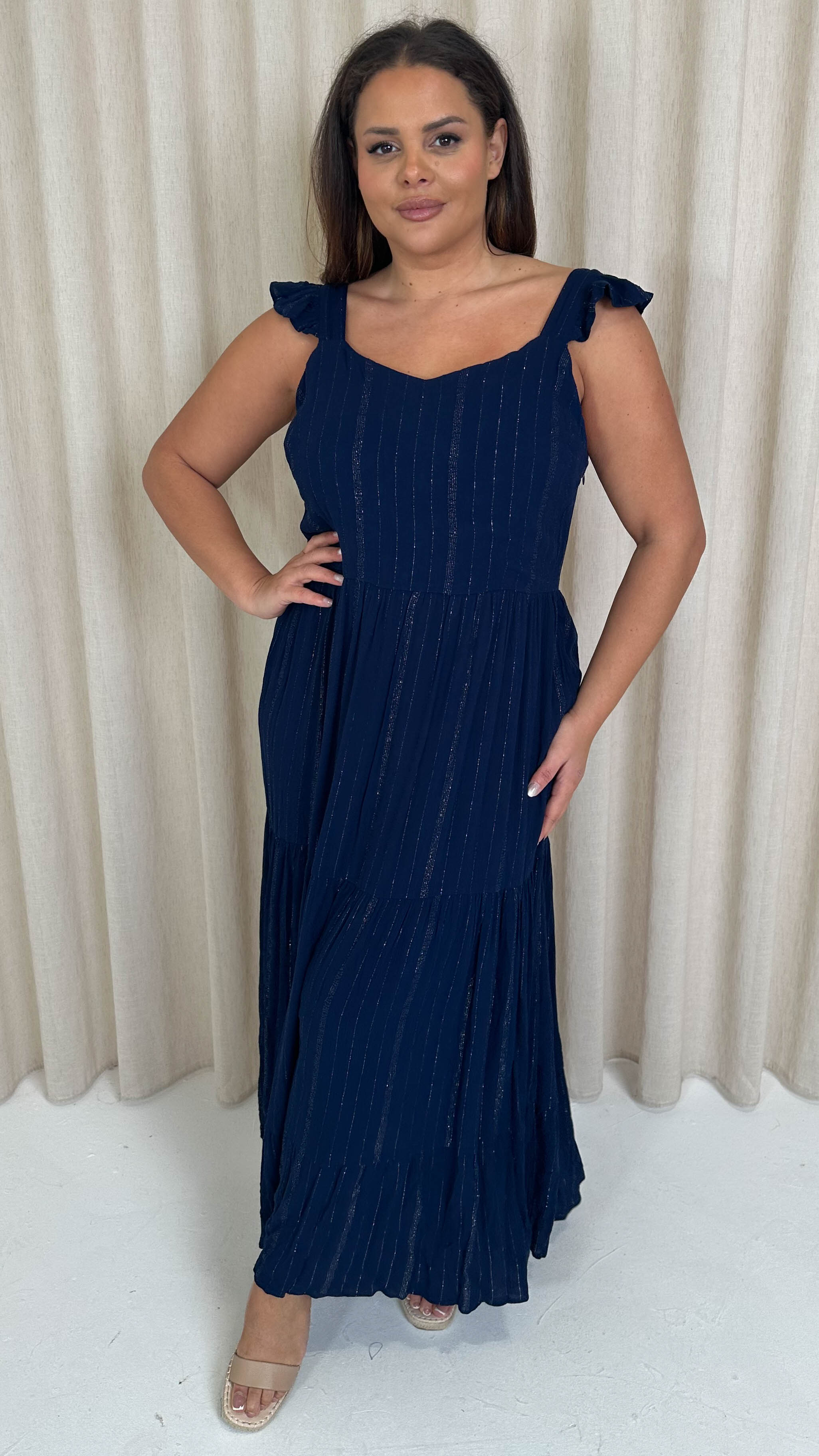CurveWow Lurex Tiered Bow Back Maxi Dress Navy