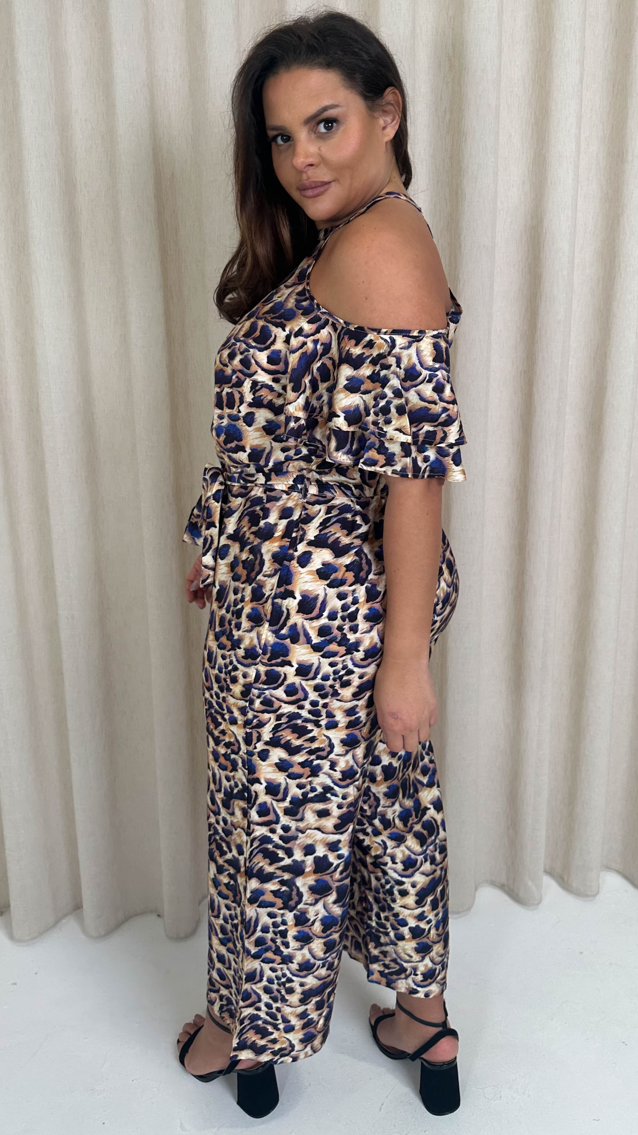 CurveWow Wide Leg Cold Shoulder Jumpsuit Blue Animal