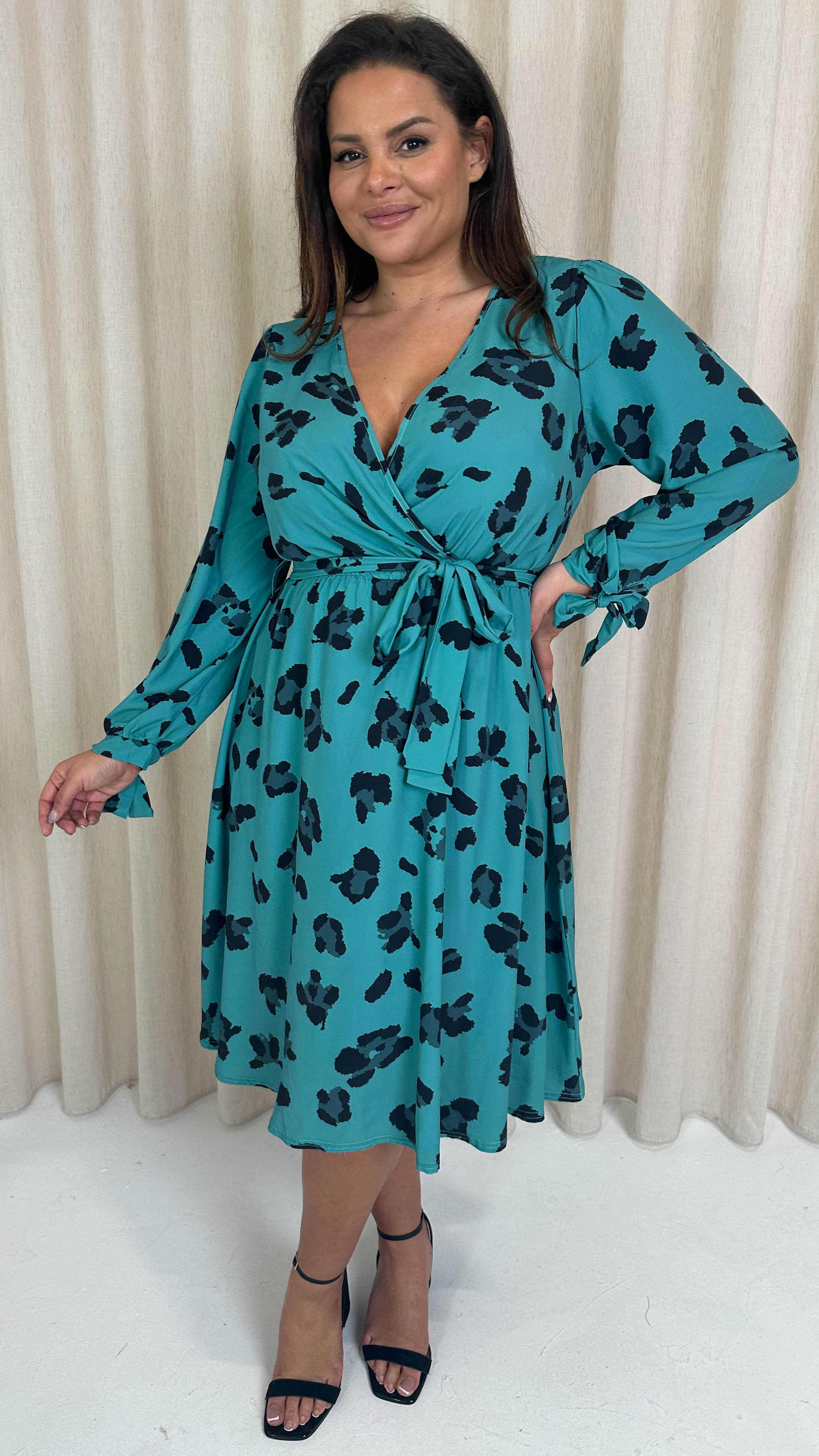 CurveWow Wrap Midi Dress Green Leopard
