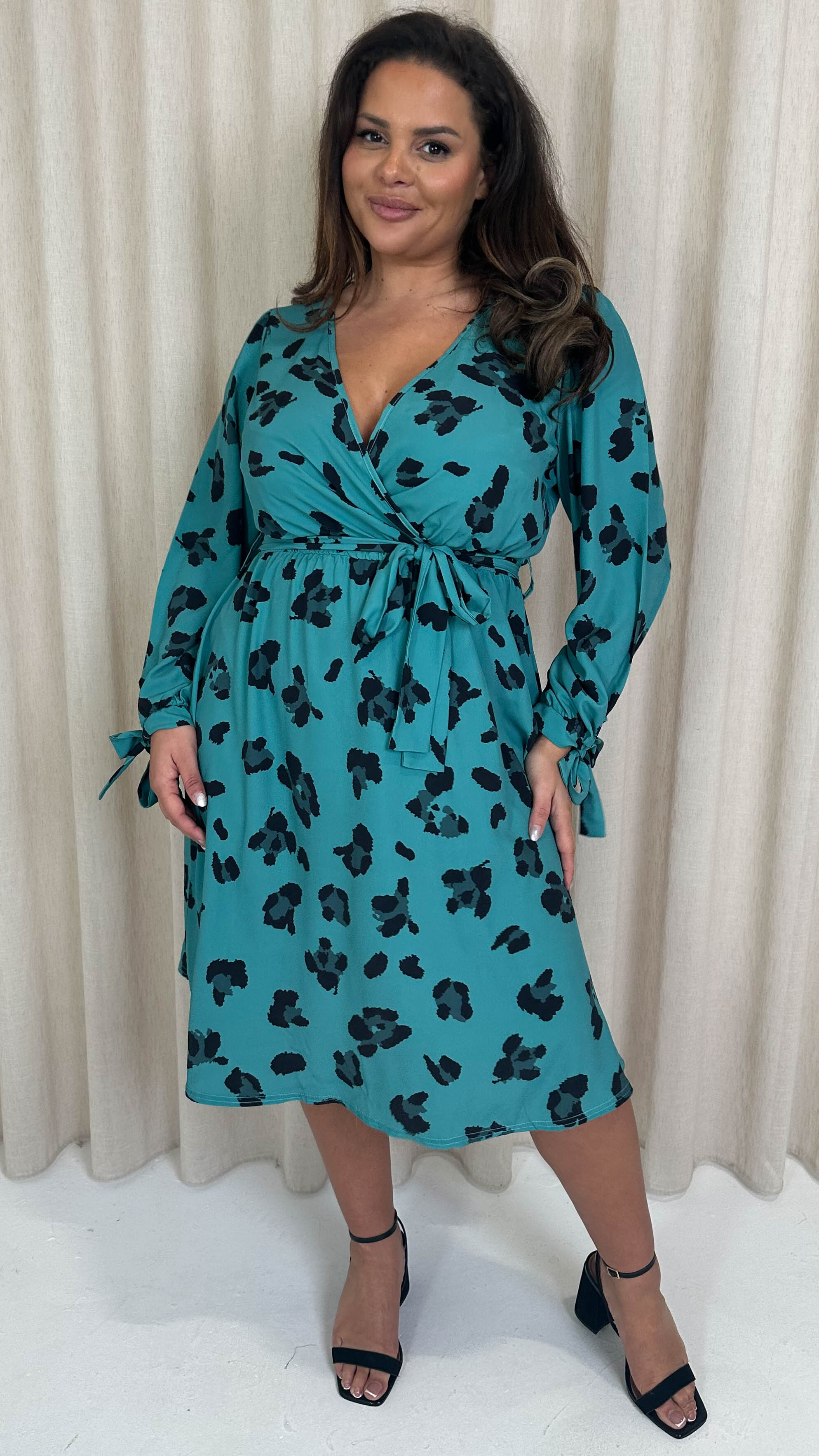 CurveWow Wrap Midi Dress Green Leopard
