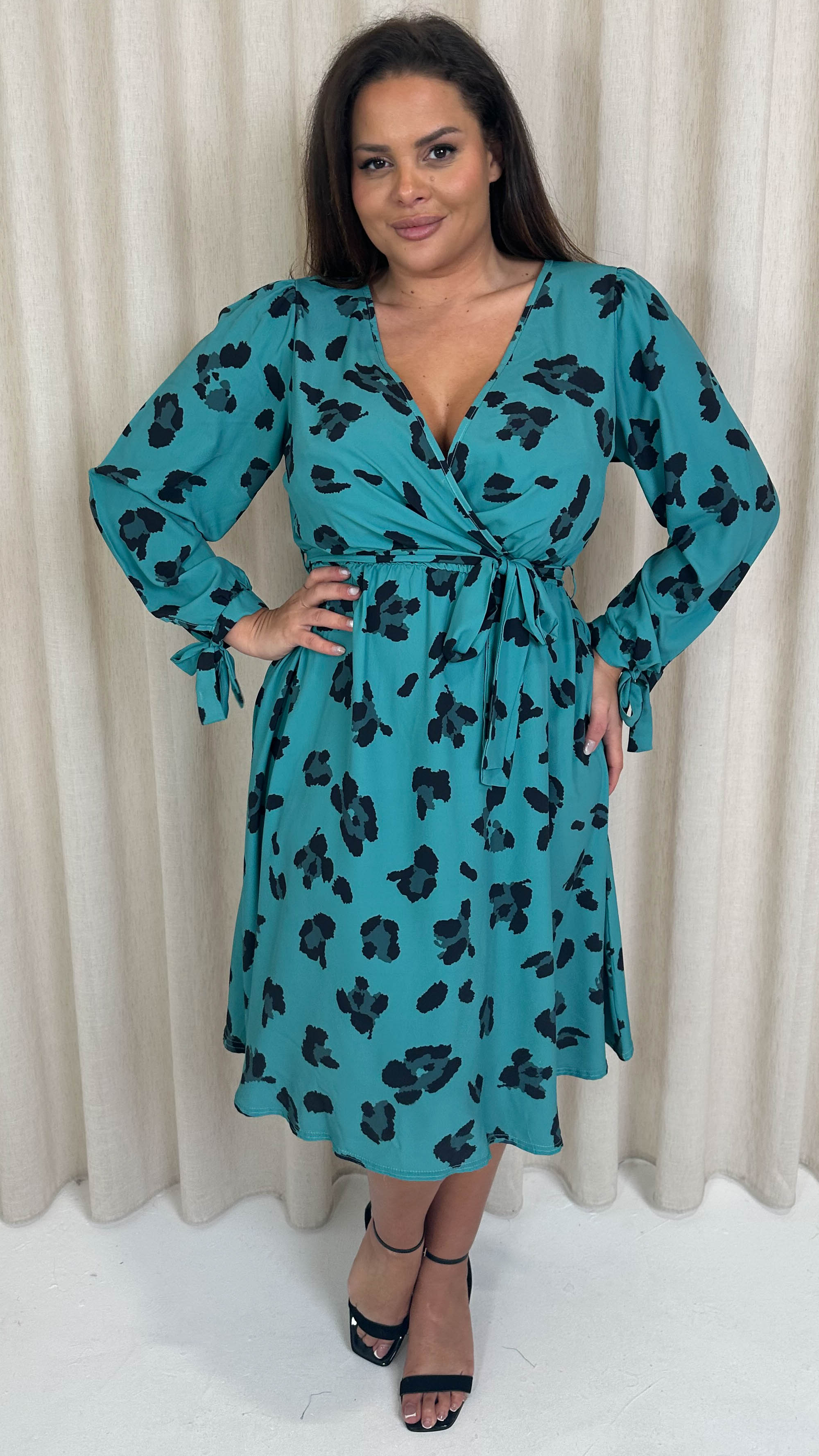 CurveWow Wrap Midi Dress Green Leopard