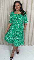 CurveWow Printed Ruched Chest Midi Dress Green