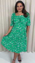 CurveWow Printed Ruched Chest Midi Dress Green