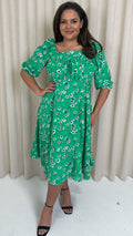 CurveWow Printed Ruched Chest Midi Dress Green