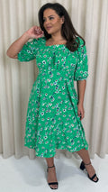 CurveWow Printed Ruched Chest Midi Dress Green