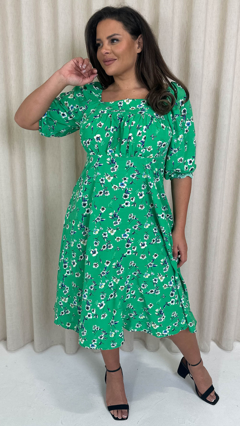 CurveWow Printed Ruched Chest Midi Dress Green