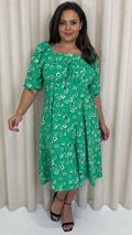 CurveWow Printed Ruched Chest Midi Dress Green
