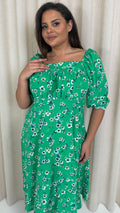 CurveWow Printed Ruched Chest Midi Dress Green