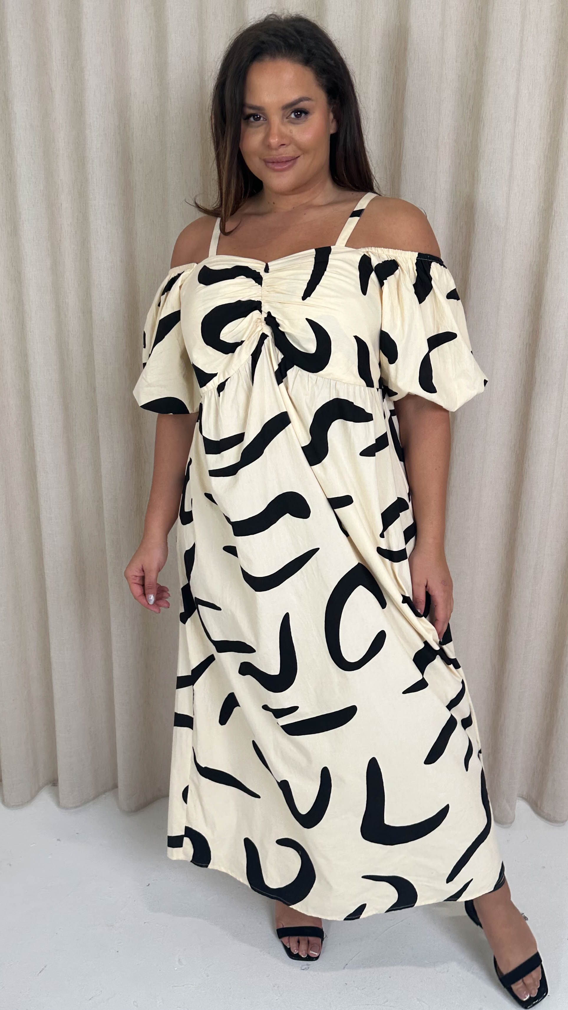 CurveWow Cotton Puff Sleeve Cold Shoulder Dress Mono