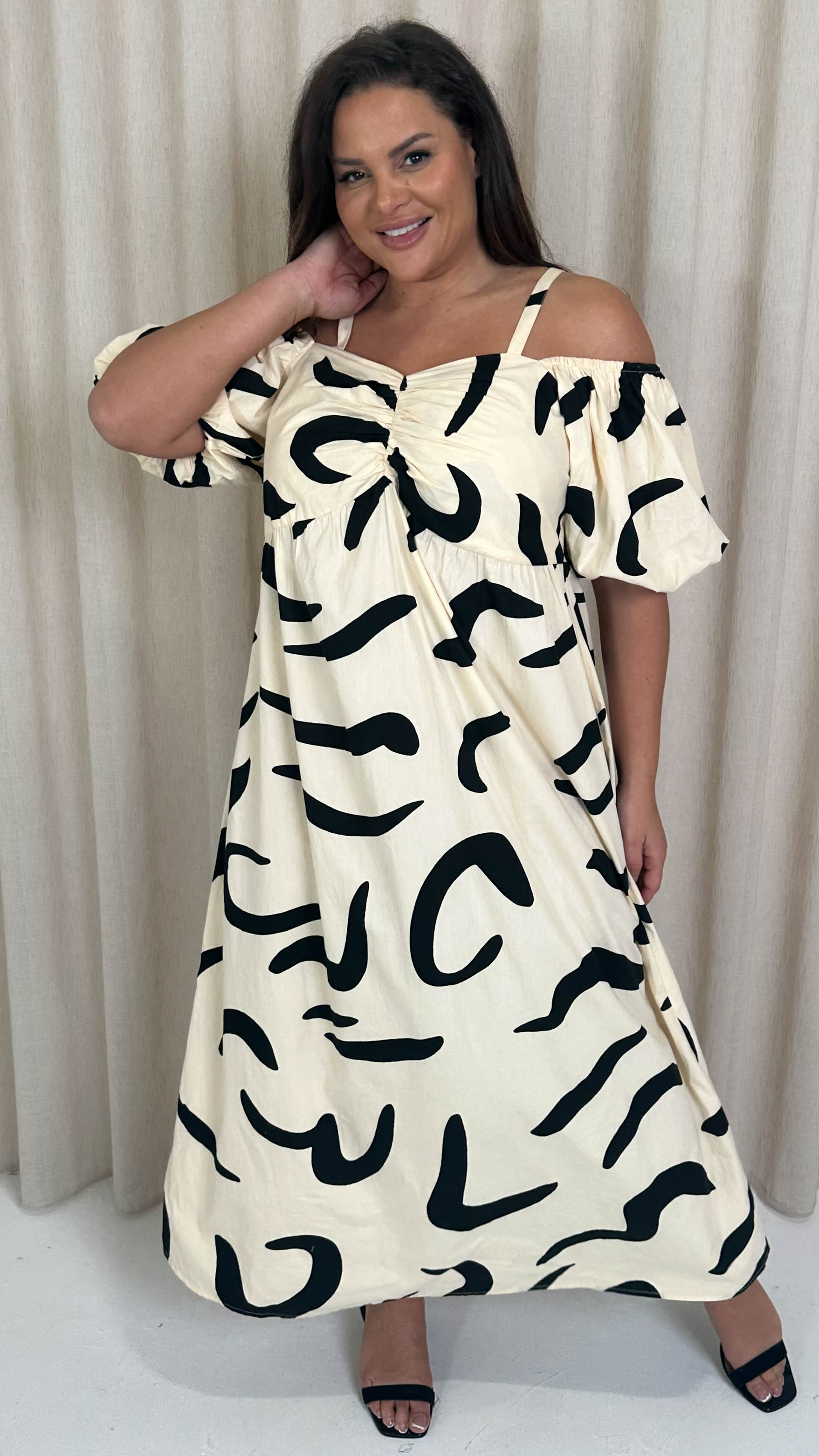 CurveWow Cotton Puff Sleeve Cold Shoulder Dress Mono