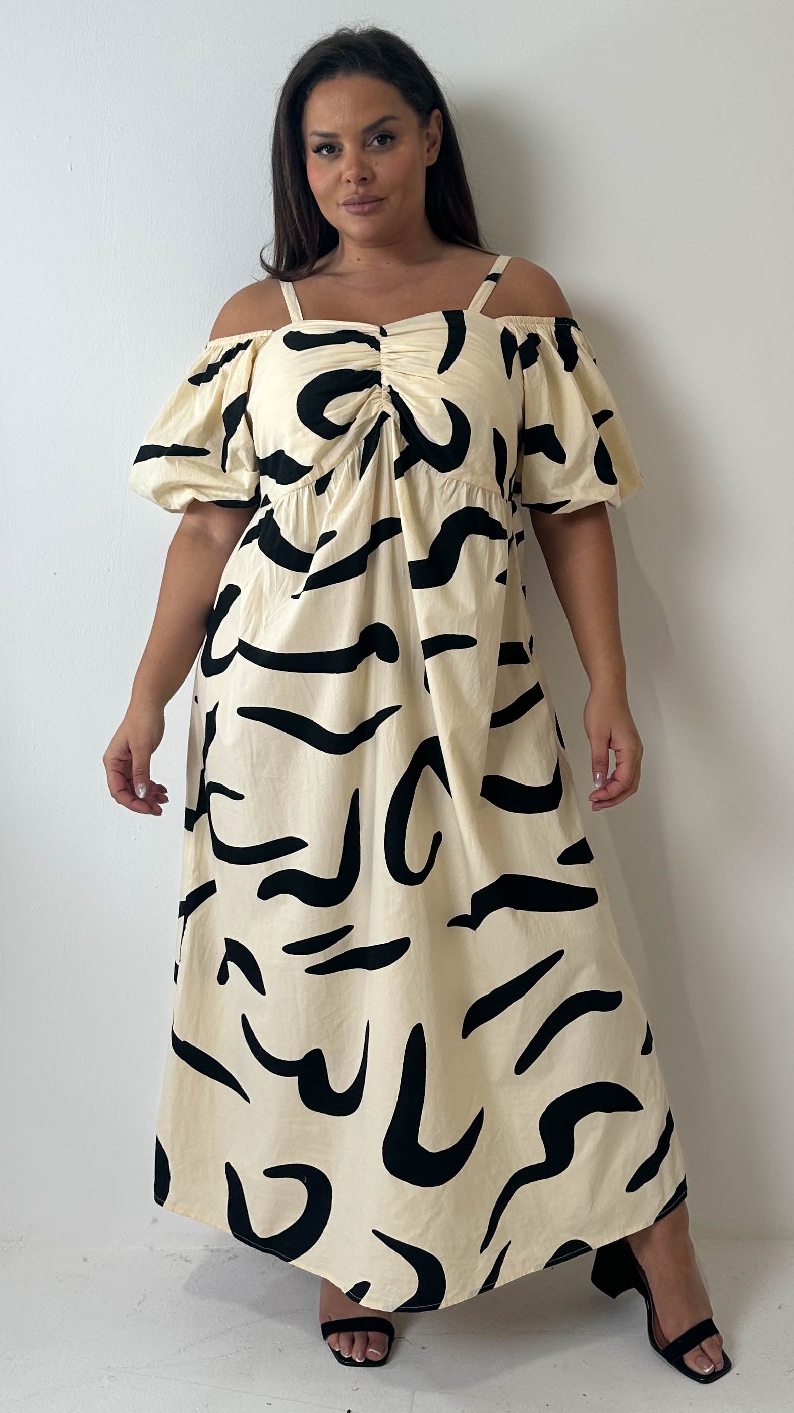 CurveWow Cotton Puff Sleeve Cold Shoulder Dress Mono