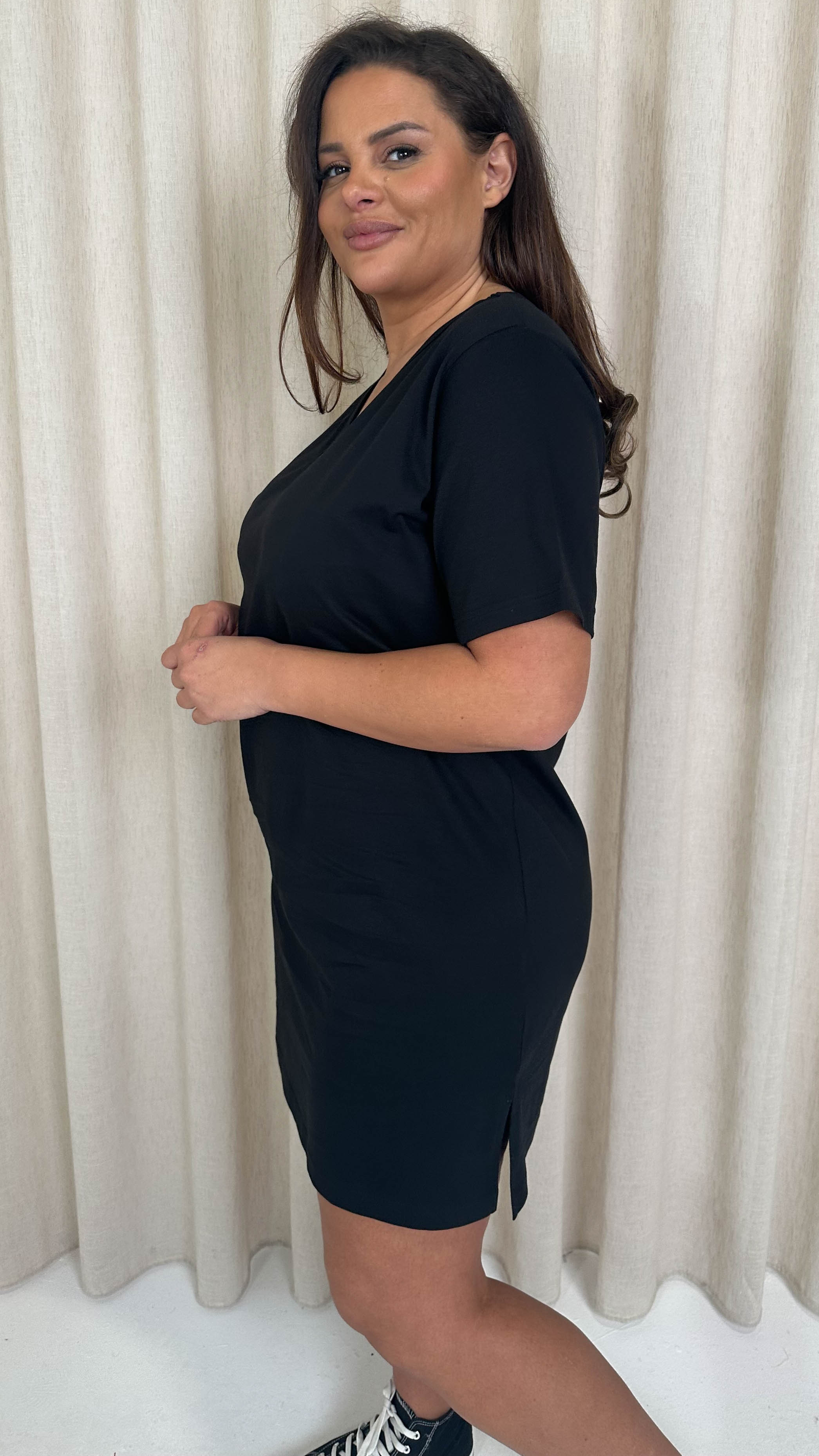 CurveWow V Neck Shirt Dress Black