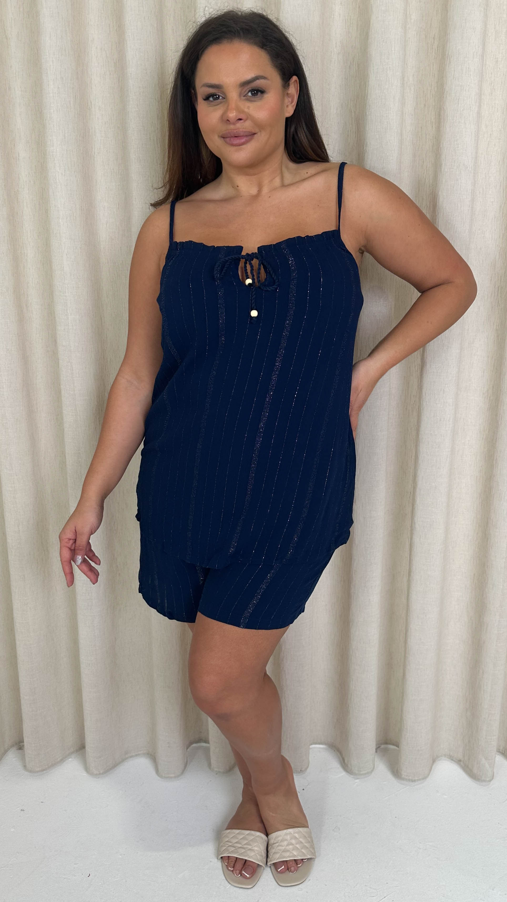 CurveWow Crepe Lurex Cami Top Navy