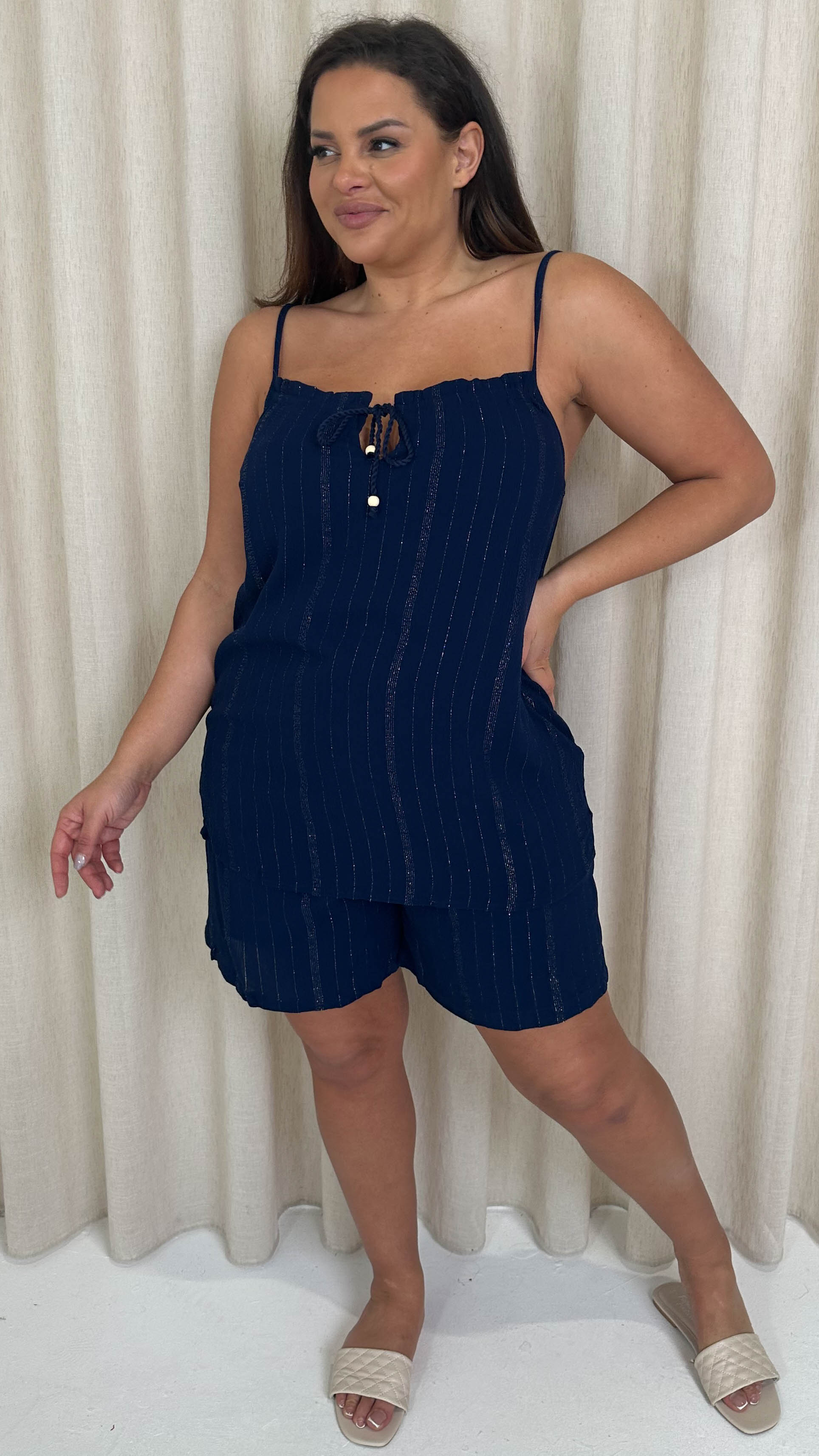 CurveWow Crepe Lurex Shorts Navy