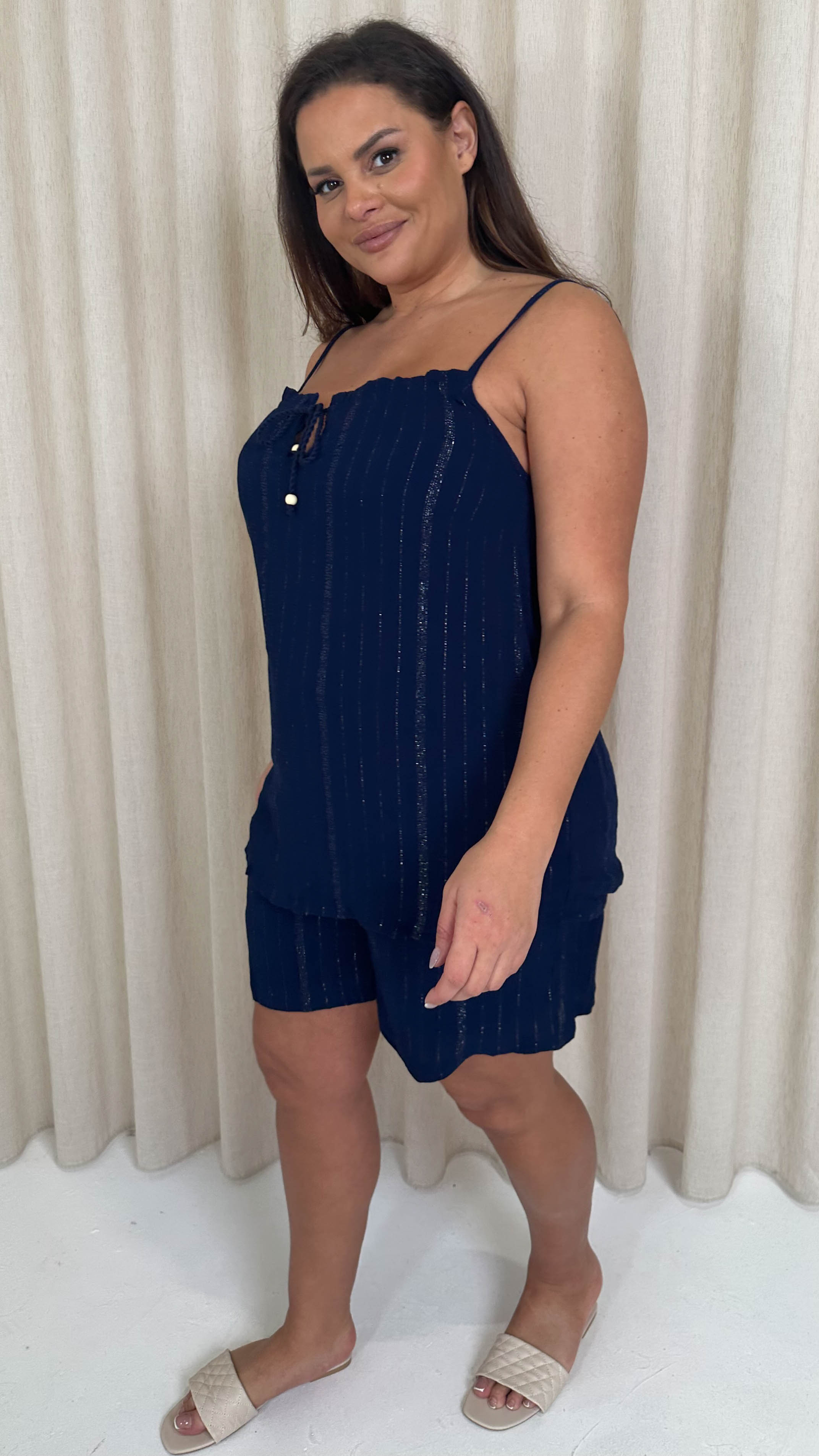 CurveWow Crepe Lurex Shorts Navy