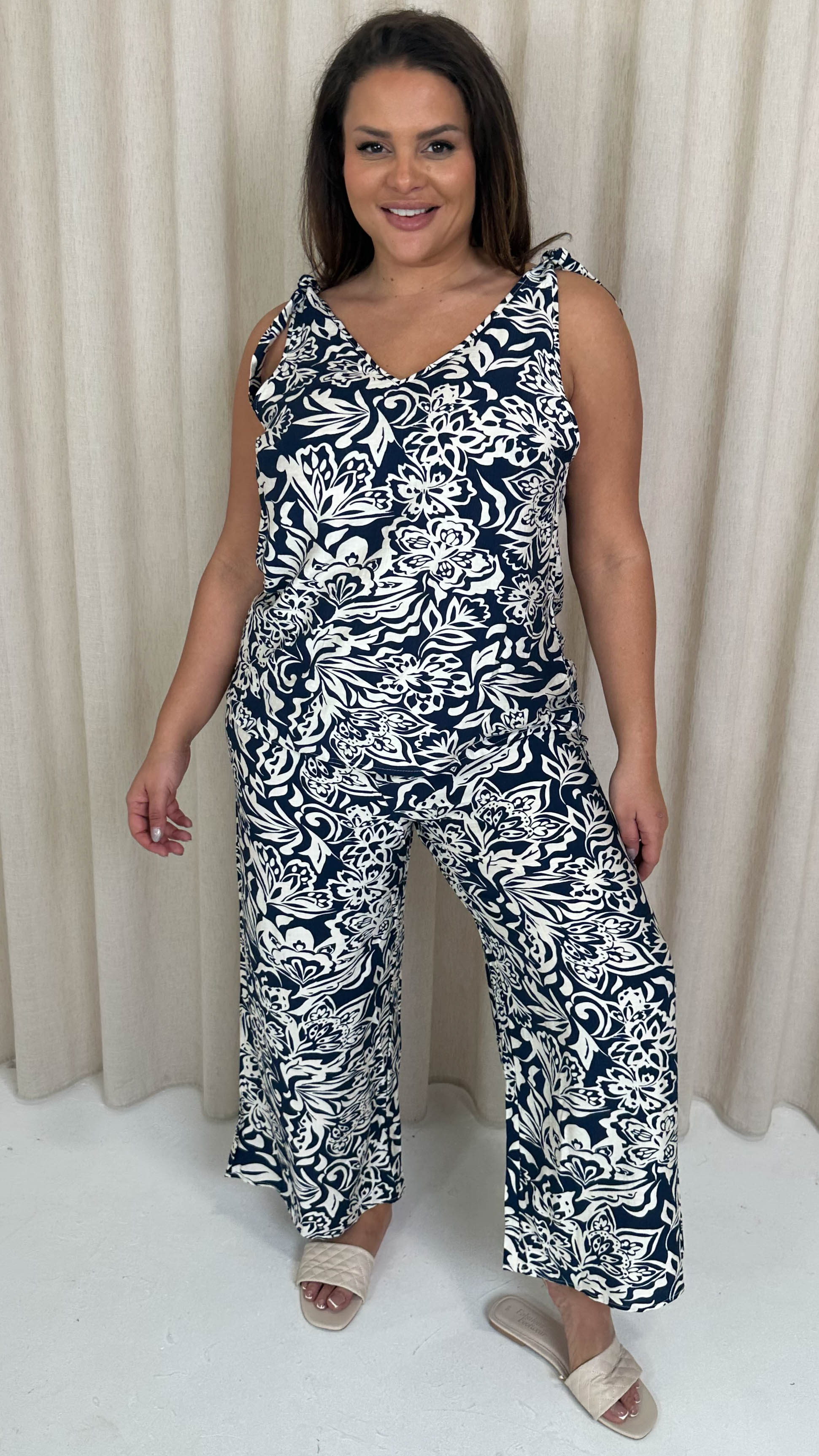CurveWow Printed Wideleg Trouser Navy Floral